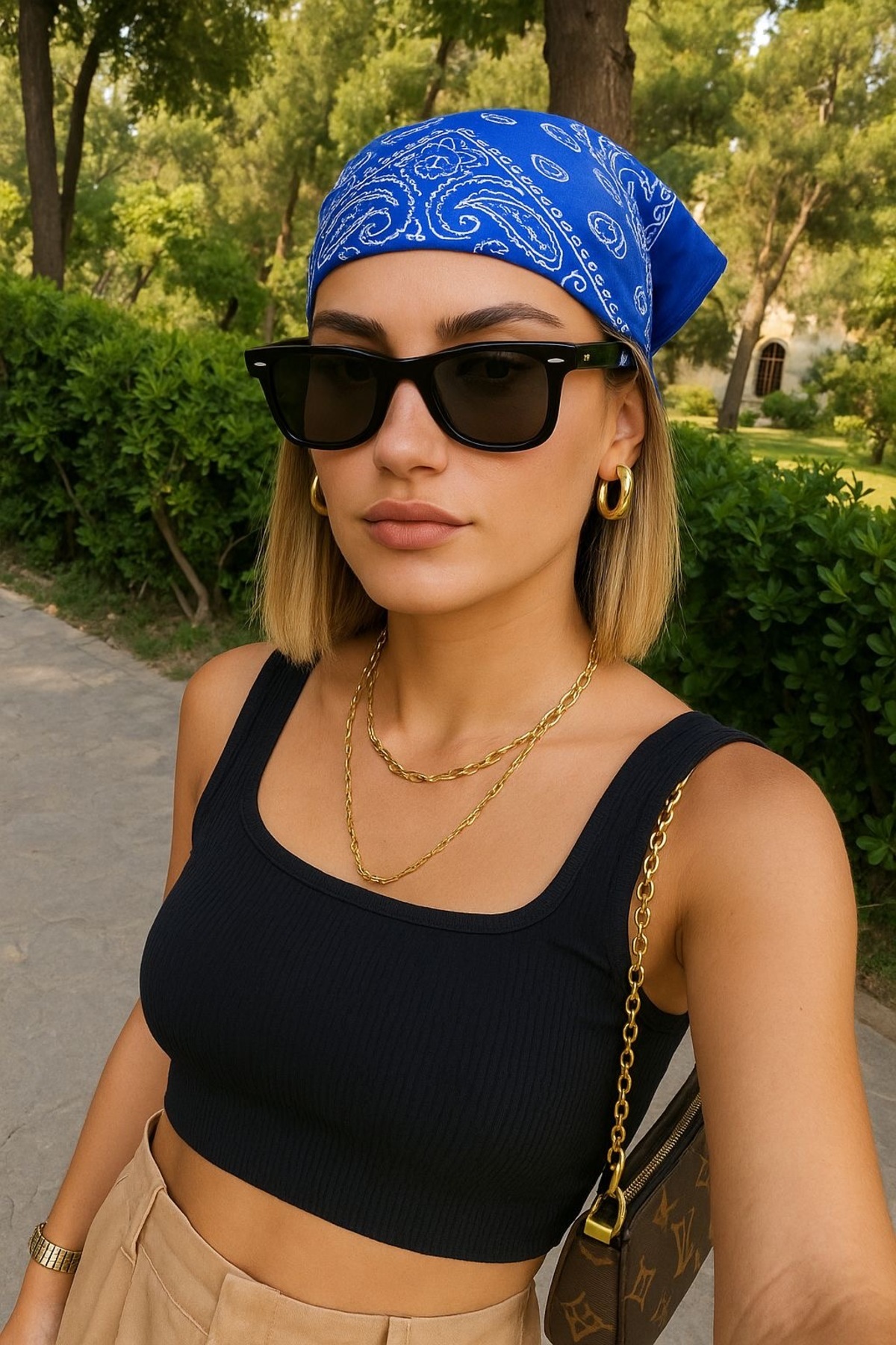 Goldmine Unisex Etnik Desenli %100 Pamuk Bandana Saks Mavi