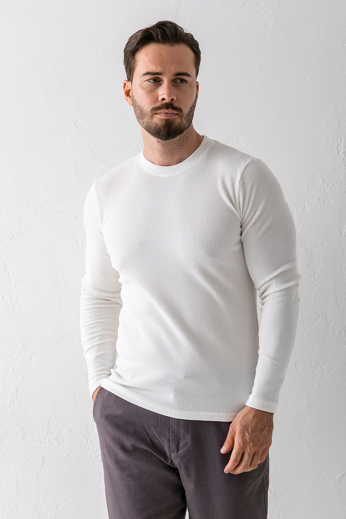 JB John Borners  Erkek Beyaz Bisiklet Yaka Slim Fit Esnek Waffle Kumaş Dokulu Uzun Kollu T-Shirt - 5073-2 - Görsel 6