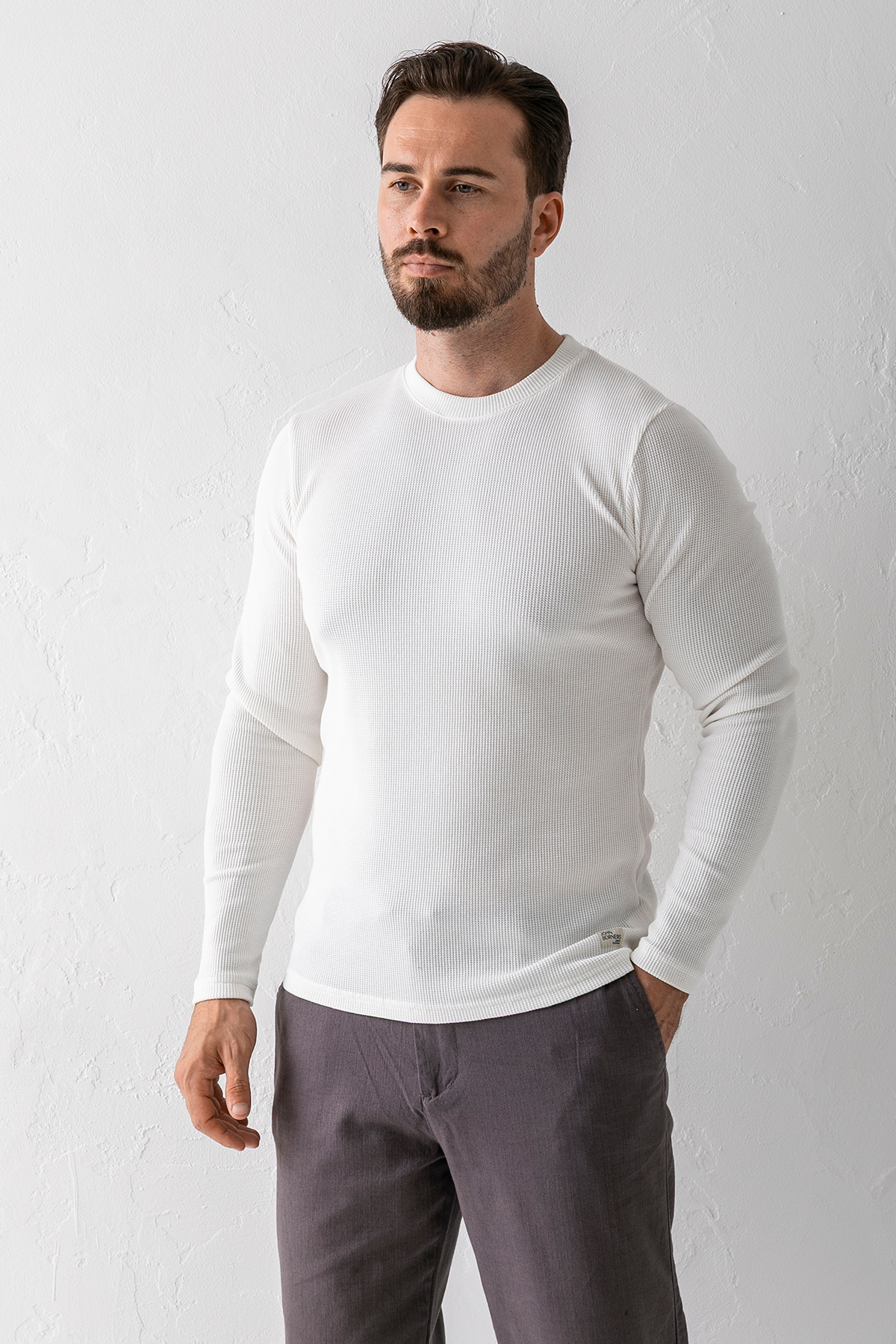 JB John Borners  Erkek Beyaz Bisiklet Yaka Slim Fit Esnek Waffle Kumaş Dokulu Uzun Kollu T-Shirt - 5073-2 - Görsel 2