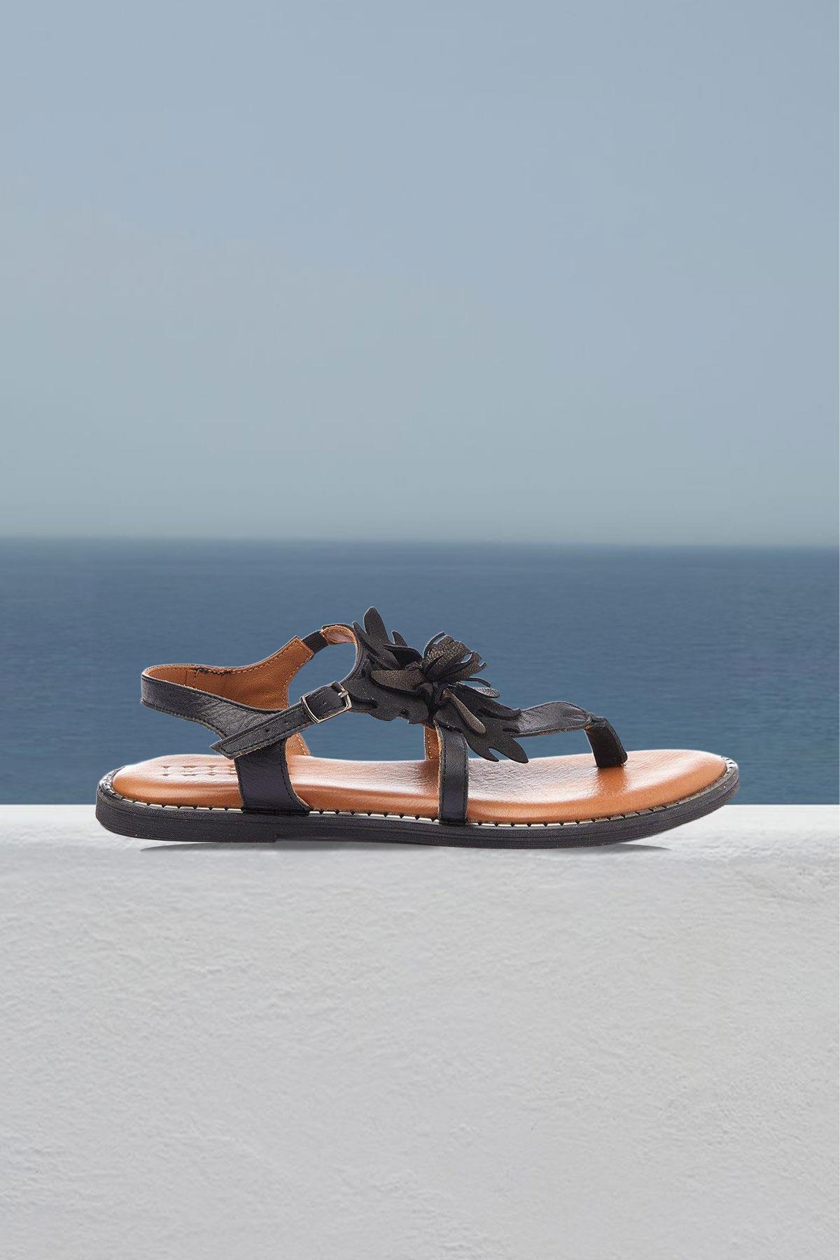 Deriderim-Sandale de damă - piele de căprioară autentică neagră, florale, talpă flip flop, piele maro, curea la gleznă 2
