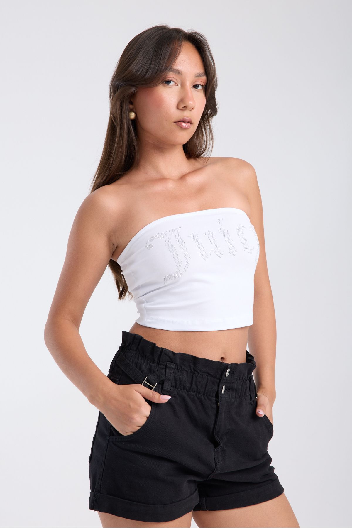 3 ROPE-Juicy Rhinestone Stone Printed Strapless Crop Top Bustier White 2
