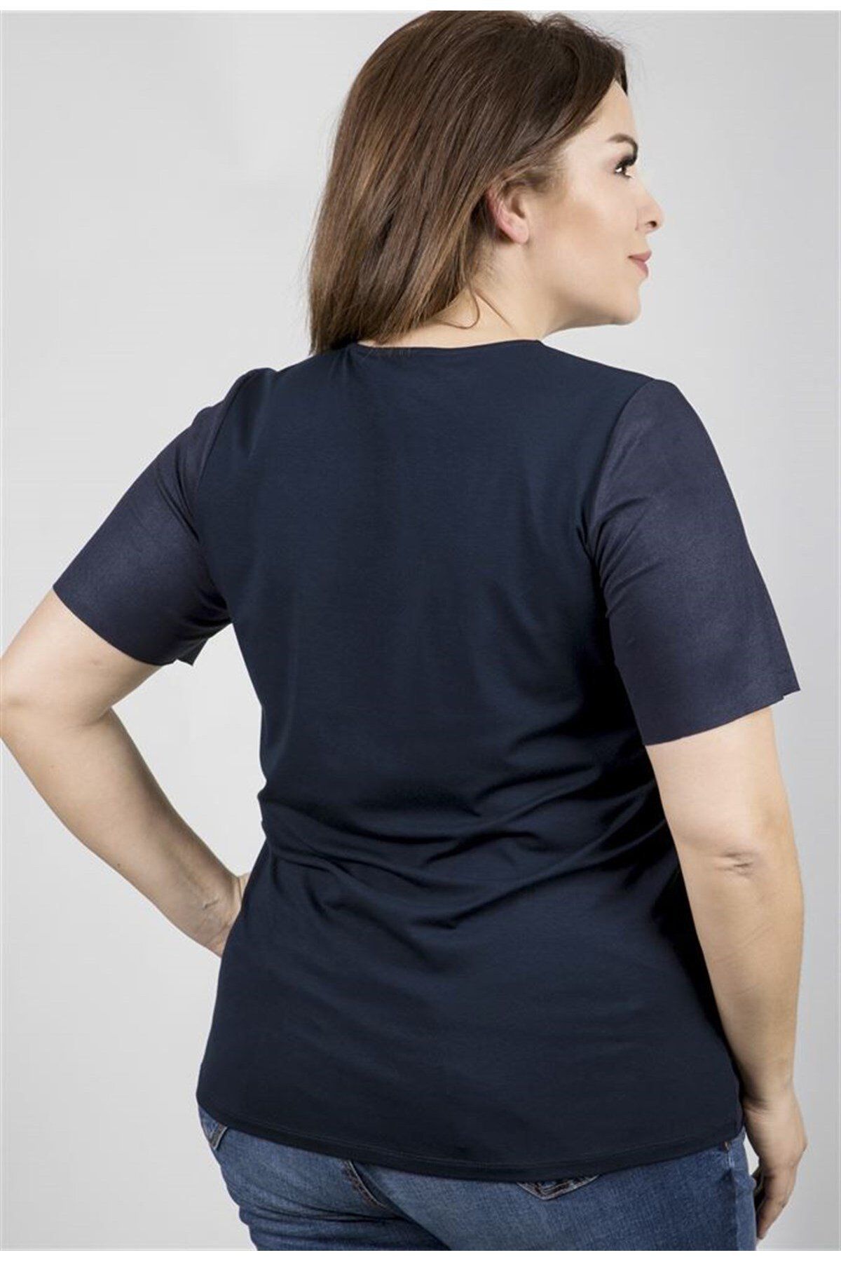MYLİNE-Front Size Suede Back Size Knitted Viscose T-Shirt 4