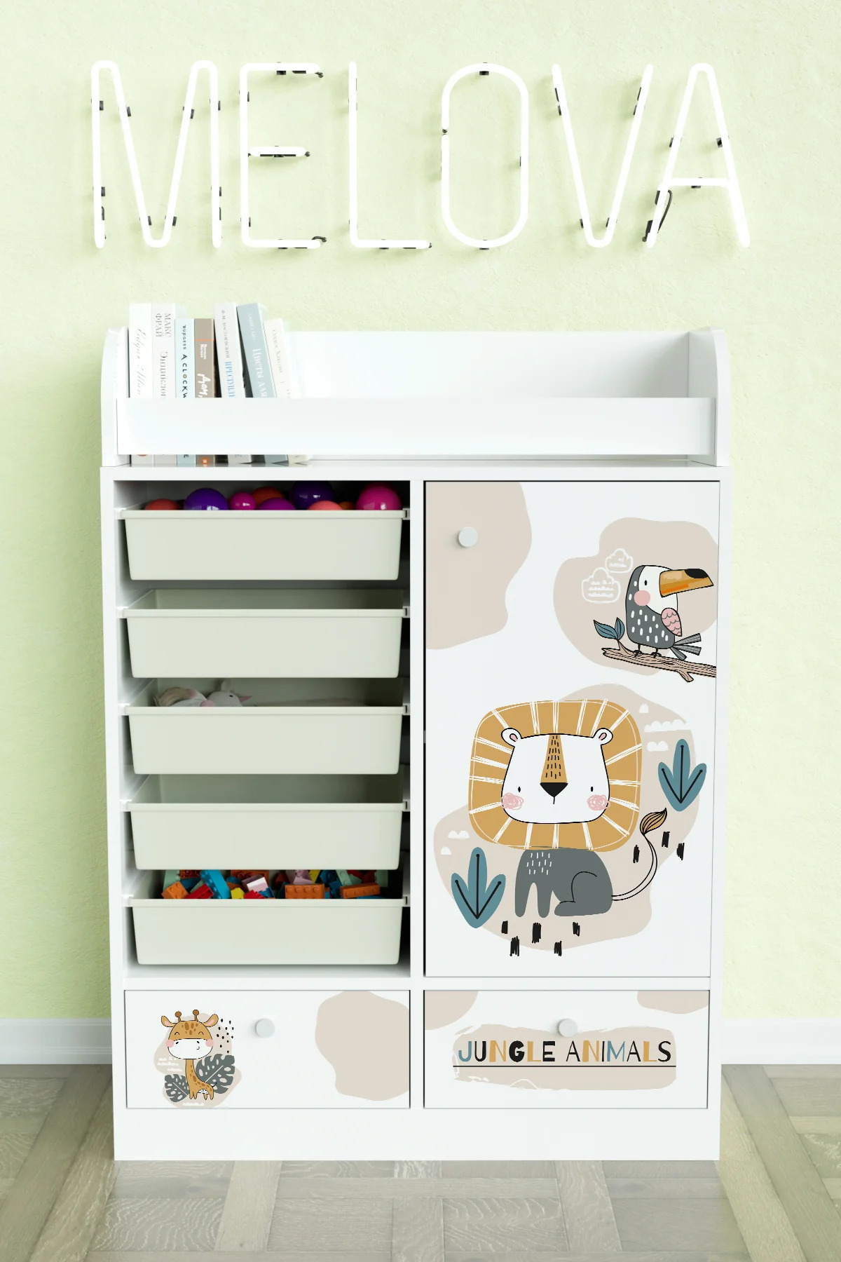 Hediyeler Kapında Jungle Animals Design "Melova" 5 Sepetli 2 Çekmeceli Çok Amaçlı Oyuncak Dolabı fotoğrafı 2 (önizleme)