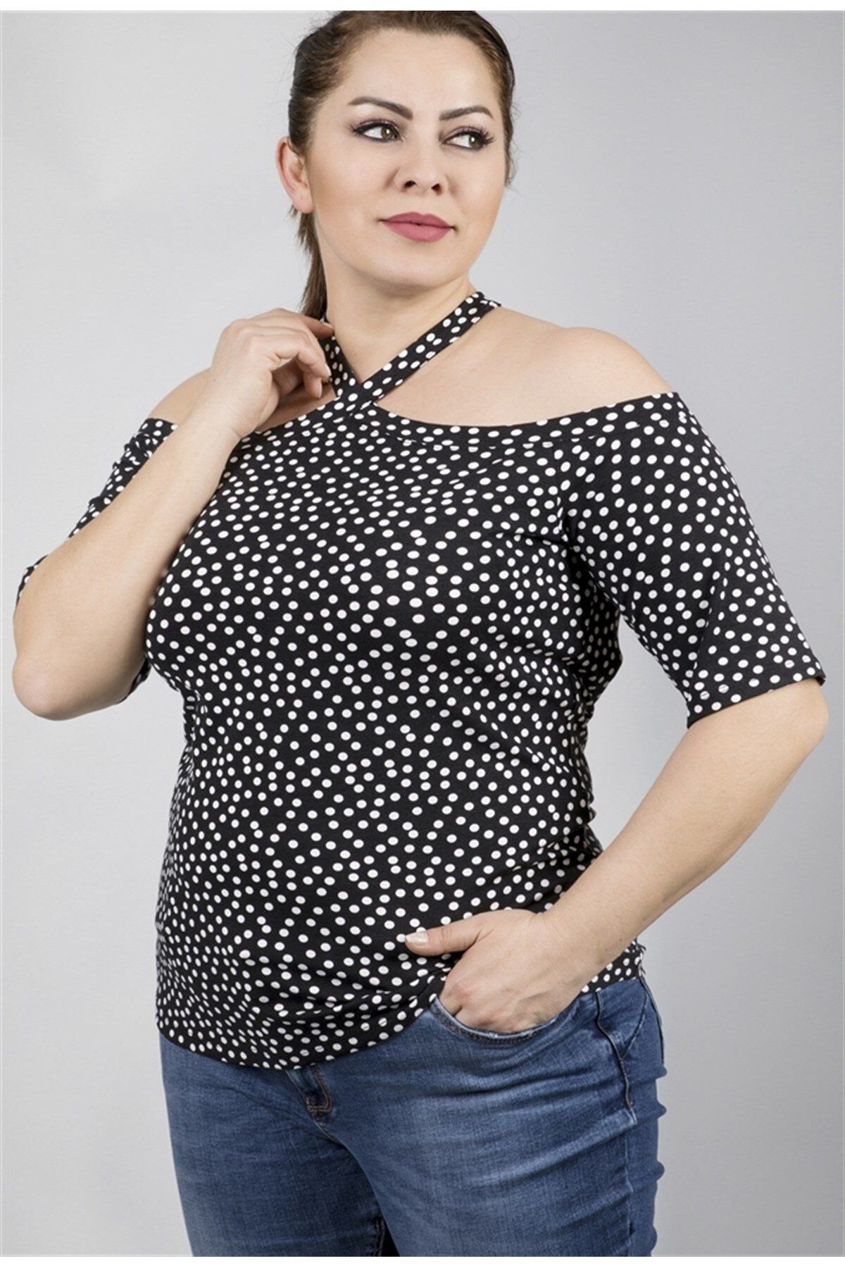 MYLİNE-Halter Neck Polka Dot Pattern Knitted T-Shirt 3
