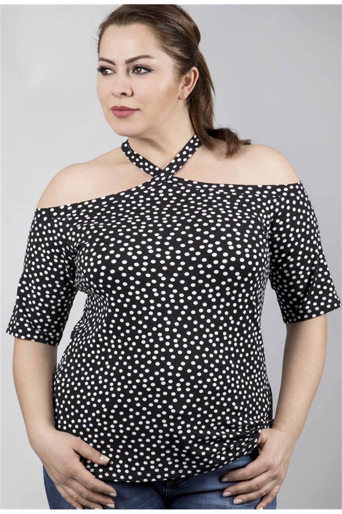 MYLİNE-Halter Neck Polka Dot Pattern Knitted T-Shirt 2