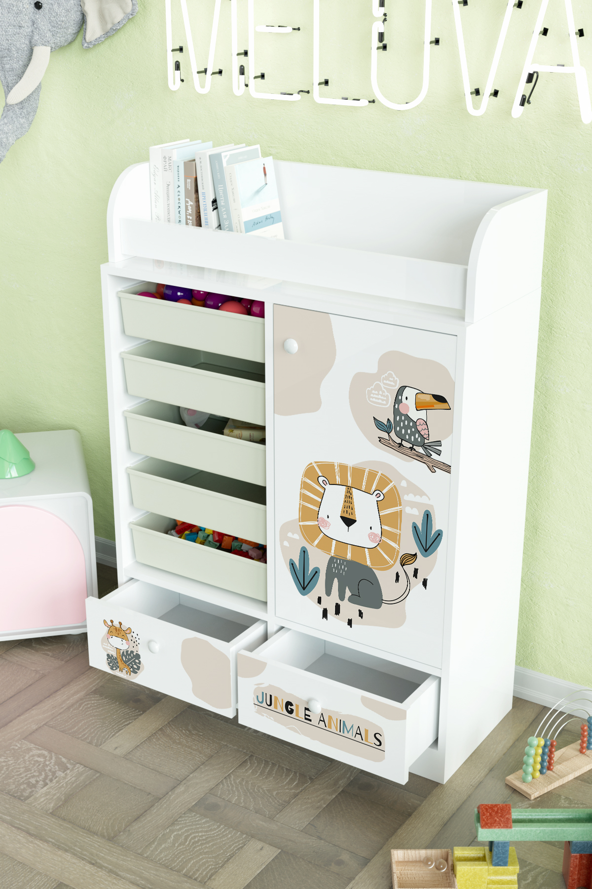 Hediyeler Kapında Jungle Animals Design "Melova" 5 Sepetli 2 Çekmeceli Çok Amaçlı Oyuncak Dolabı fotoğrafı 4 (önizleme)
