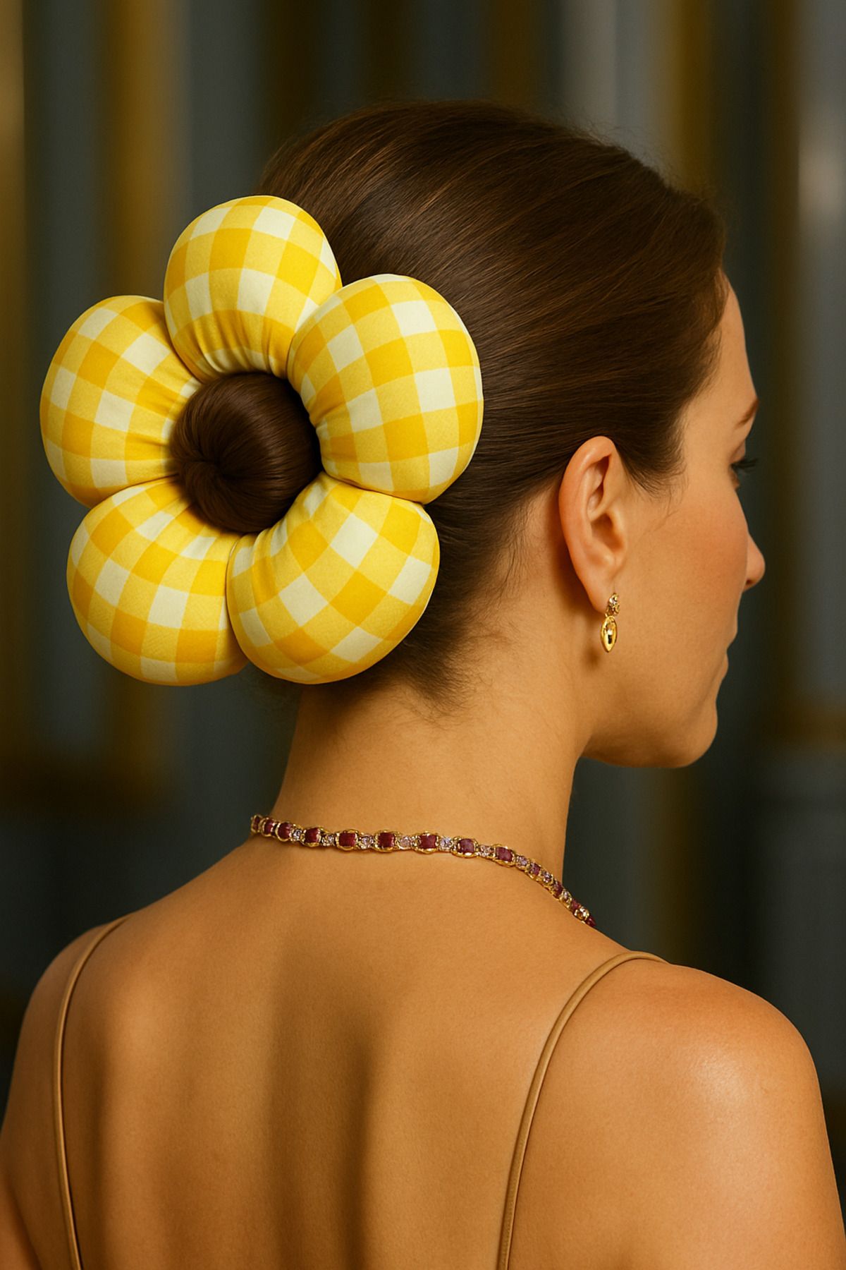 Modonoff Çiçek Toka Scrunchie - El Yapımı Ekose Desenli Pofuduk Lastikli Toka