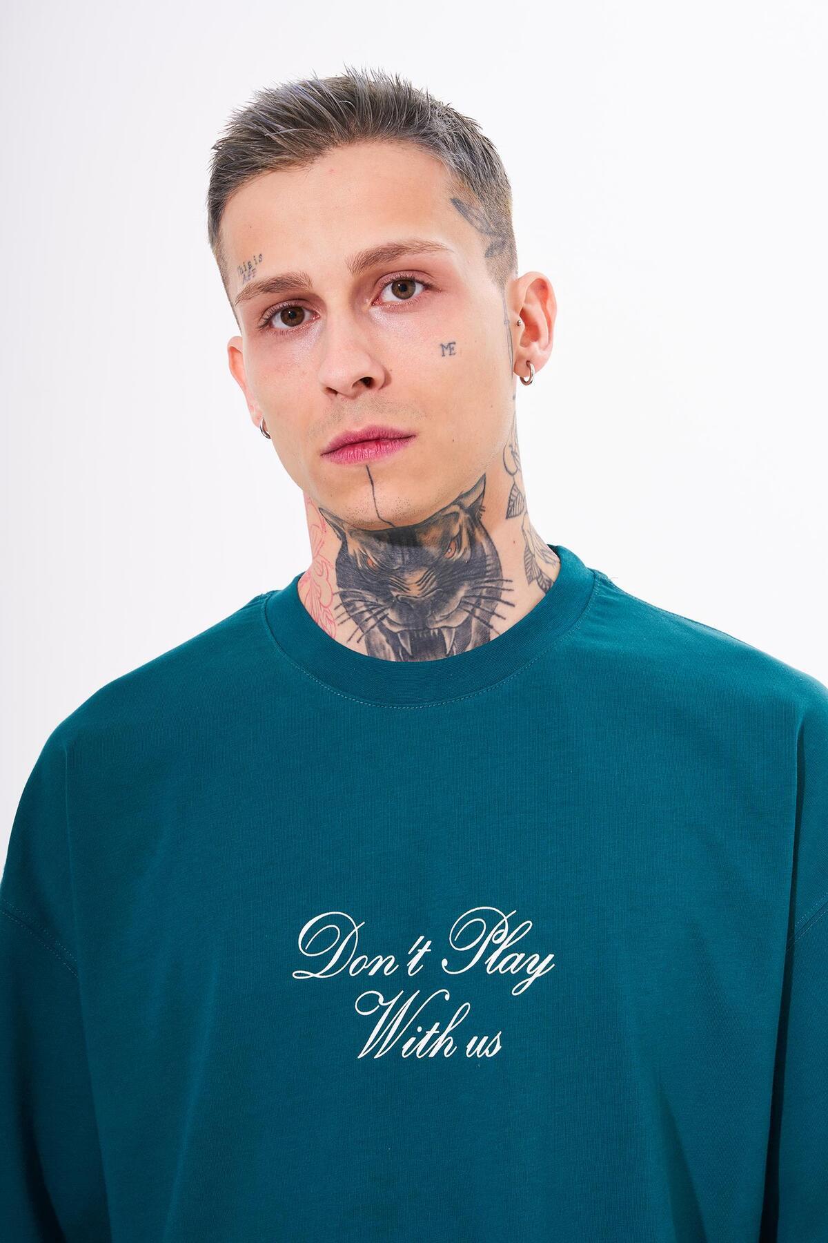 Machinist-Men's Don'T Play with Printed Oversize Petrol Green T-Shirt 3