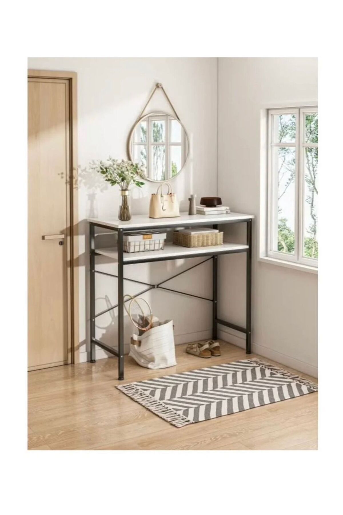 Generic-Narrow console table, small two-tiered entryway table, sofa table with two support bars 1