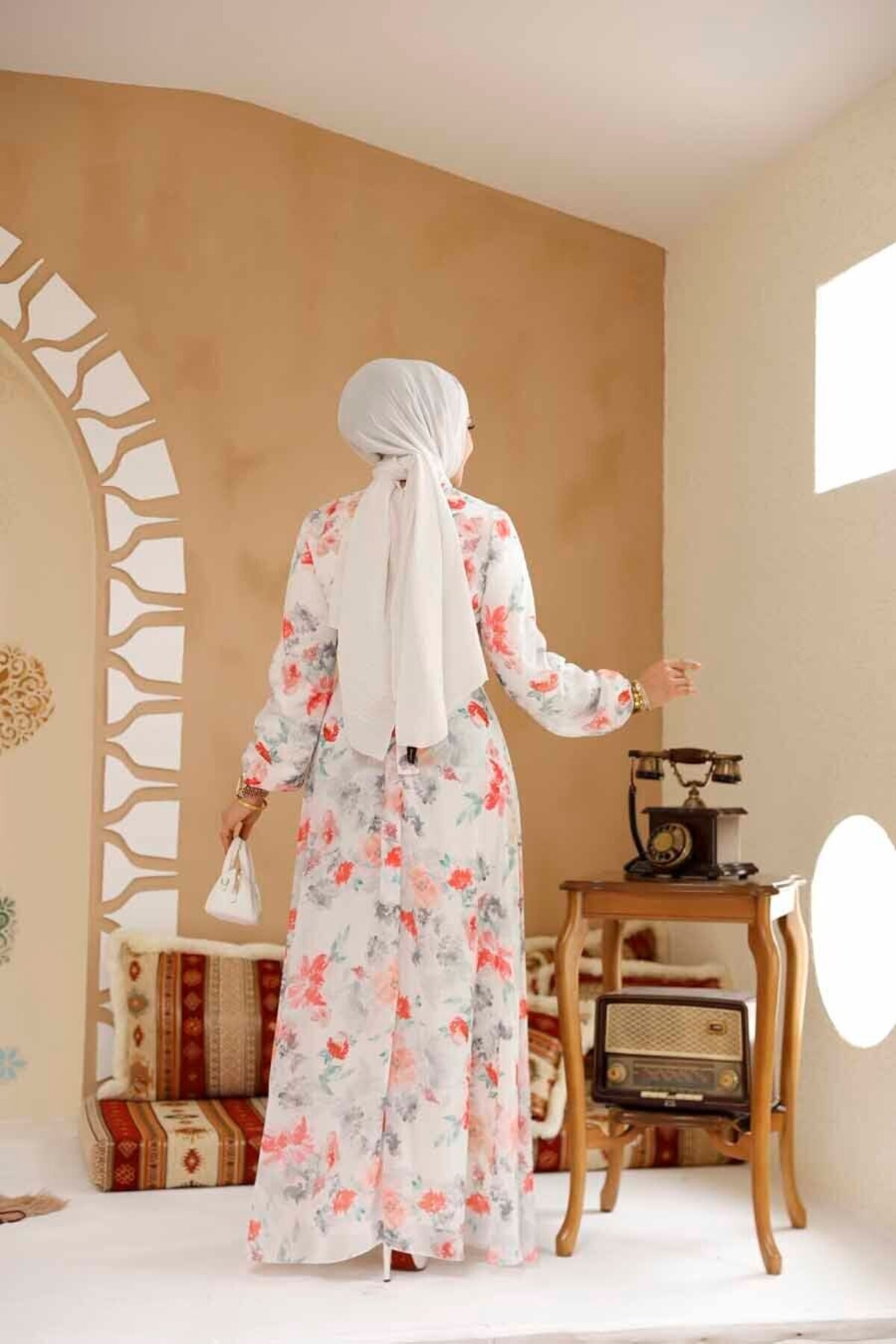 Neva Style-Floral Patterned White Hijab Dress 27964B 4