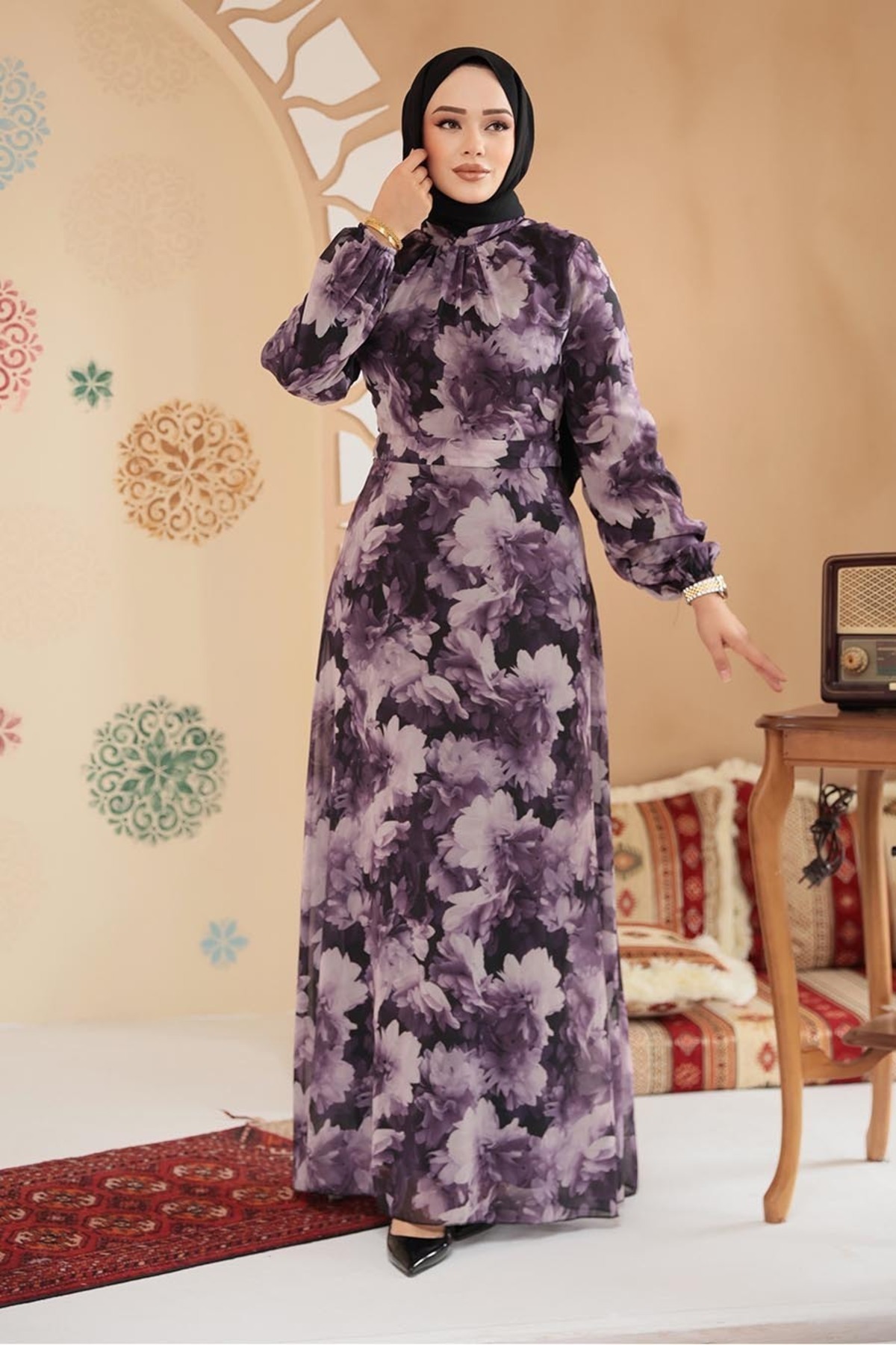 Neva Style-Φόρεμα Hijab Σκούρο Λιλά με Floral Σχέδιο 279910KLILA 2