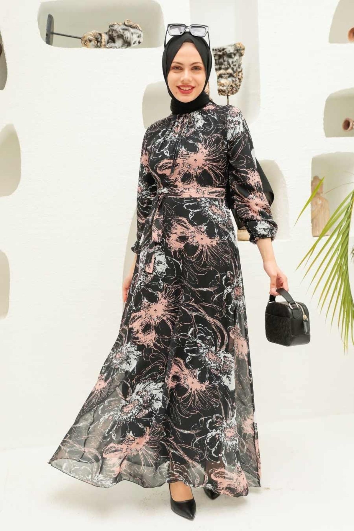 Neva Style-Rochie neagră cu hijab cu modele florale 279070 s 1