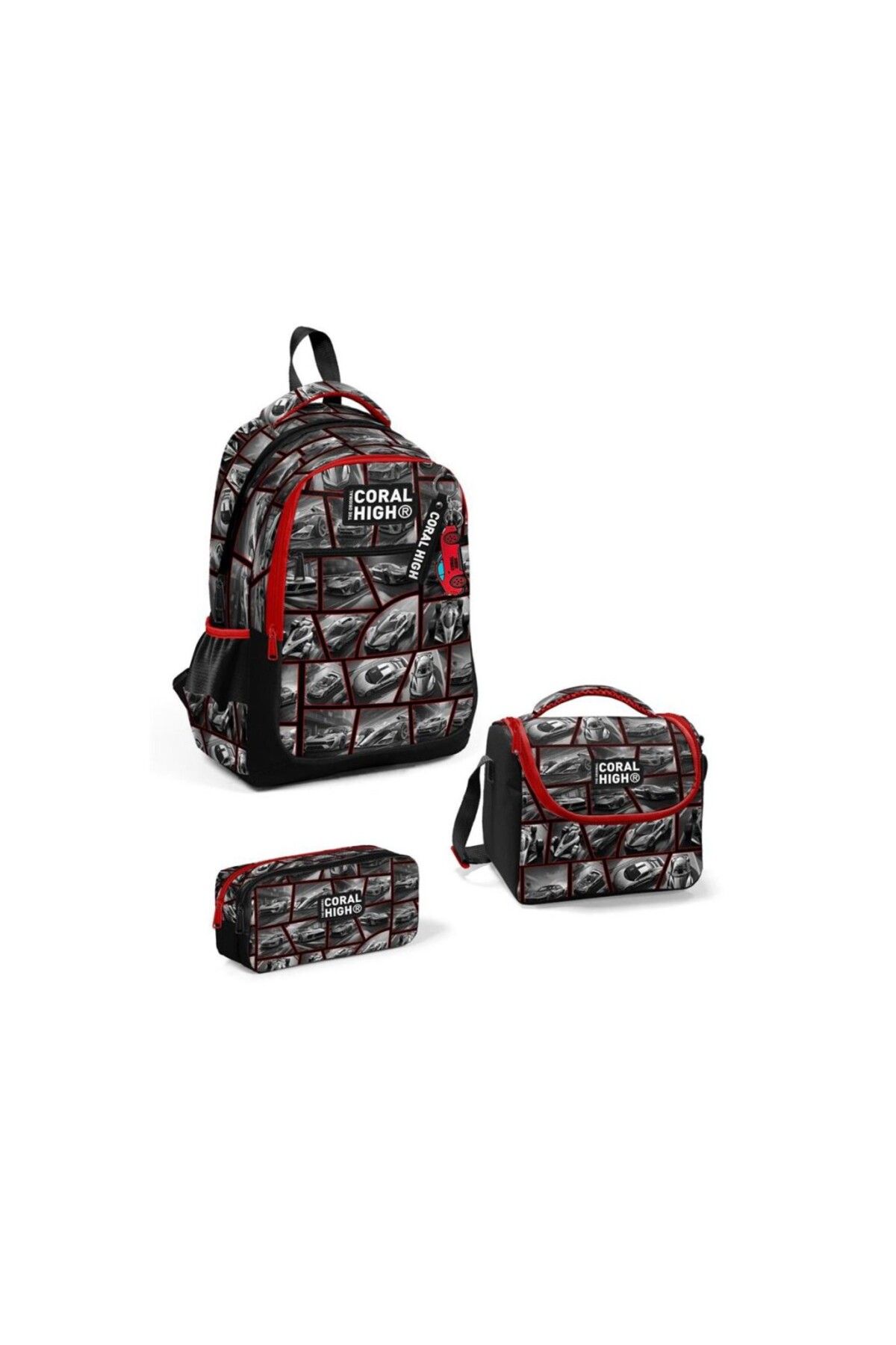 Coral High Siyah Kırmızı Araba Desenli 3’lü Okul Çanta Seti Set14429