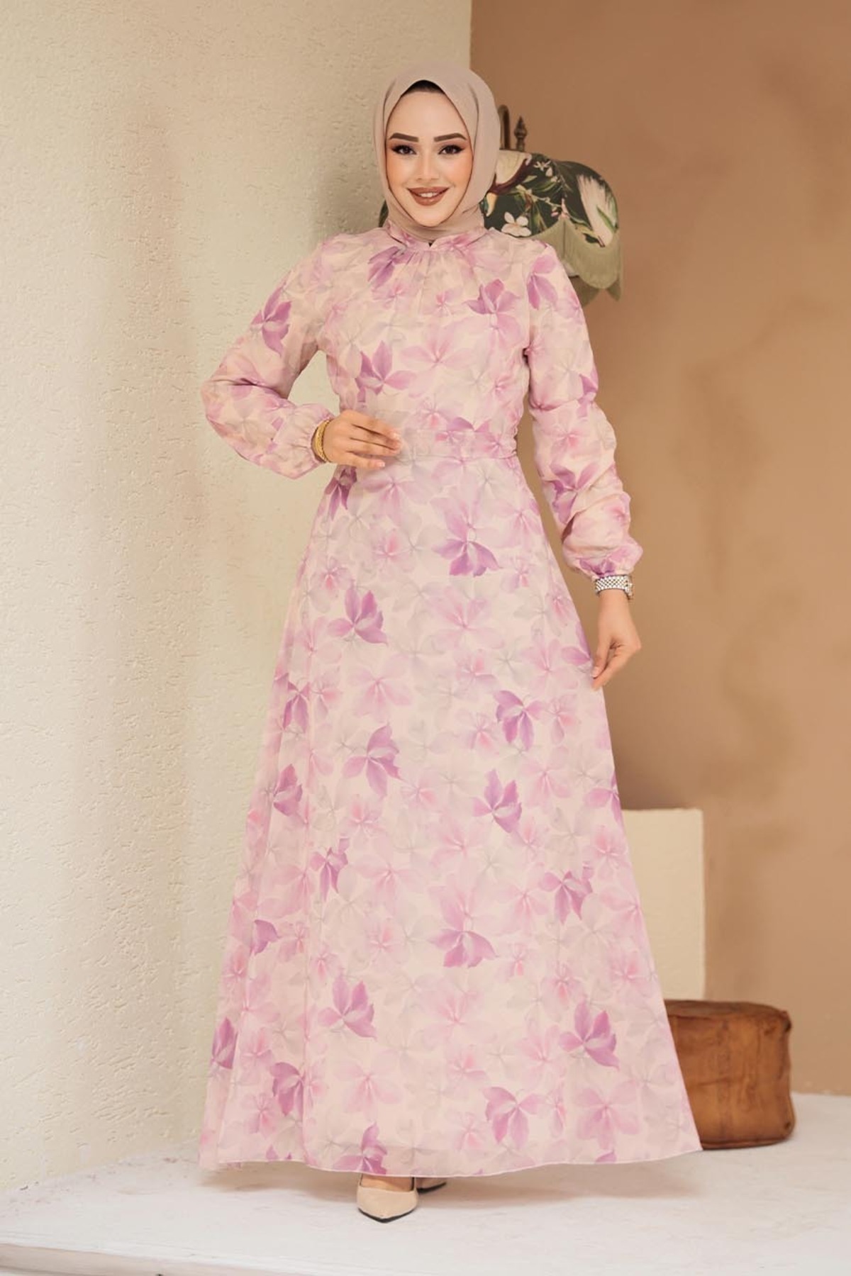 Neva Style-Floral Patterned Dusty Rose Hijab Dress 279919 Gk 1