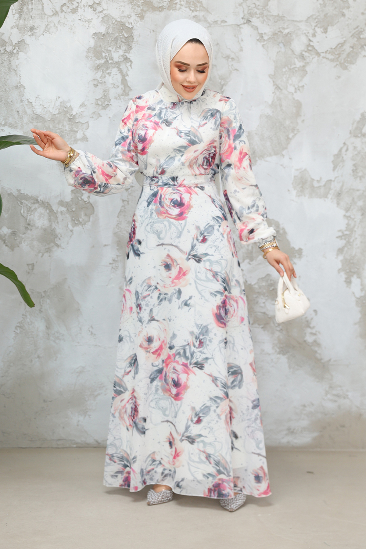 Neva Style-Floral Patterned Beige Hijab Dress 27986Bgr 2