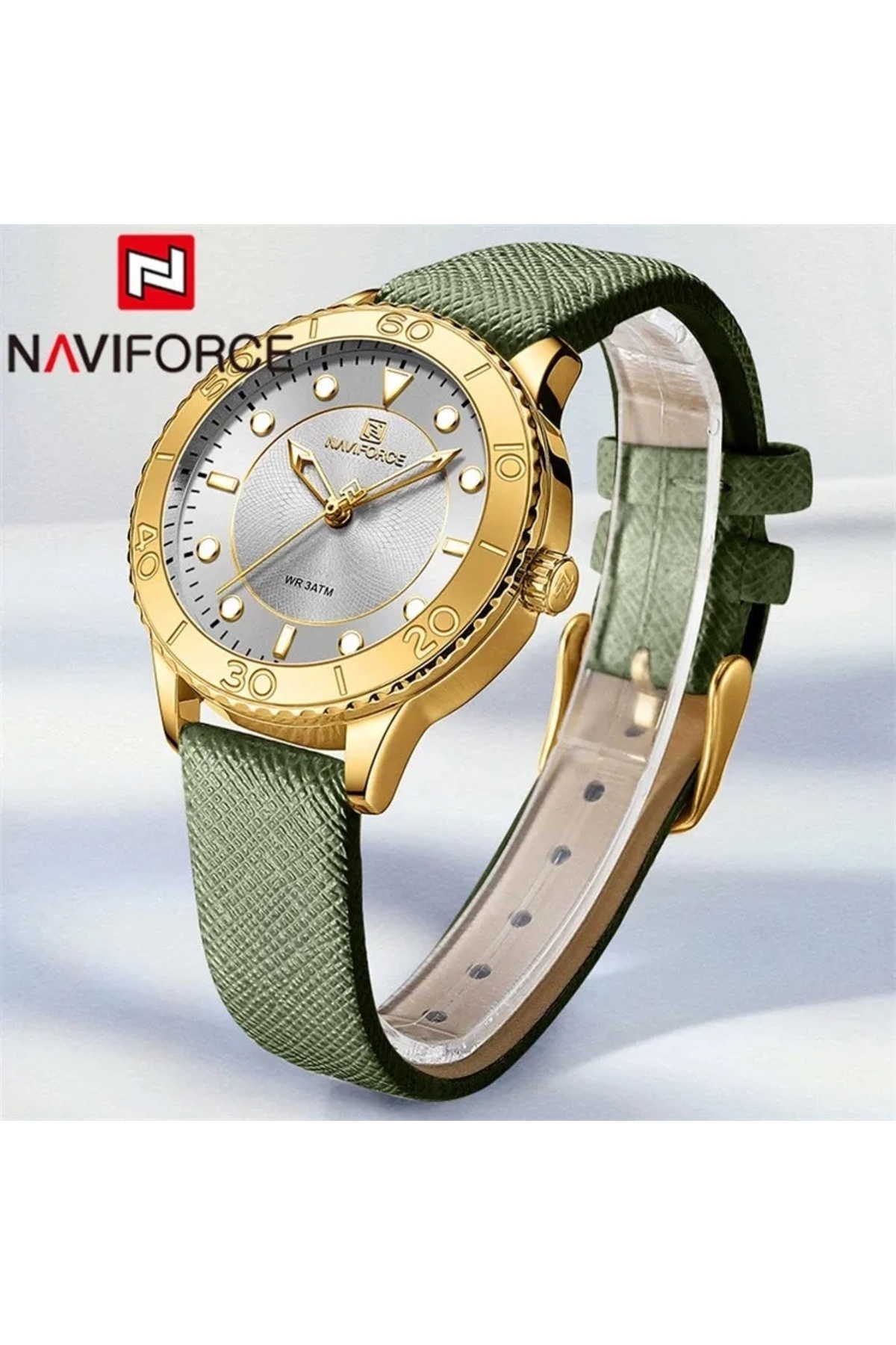 Naviforce-Ladies quartz wrist watch in green leather strap & round silver analog dial. 4