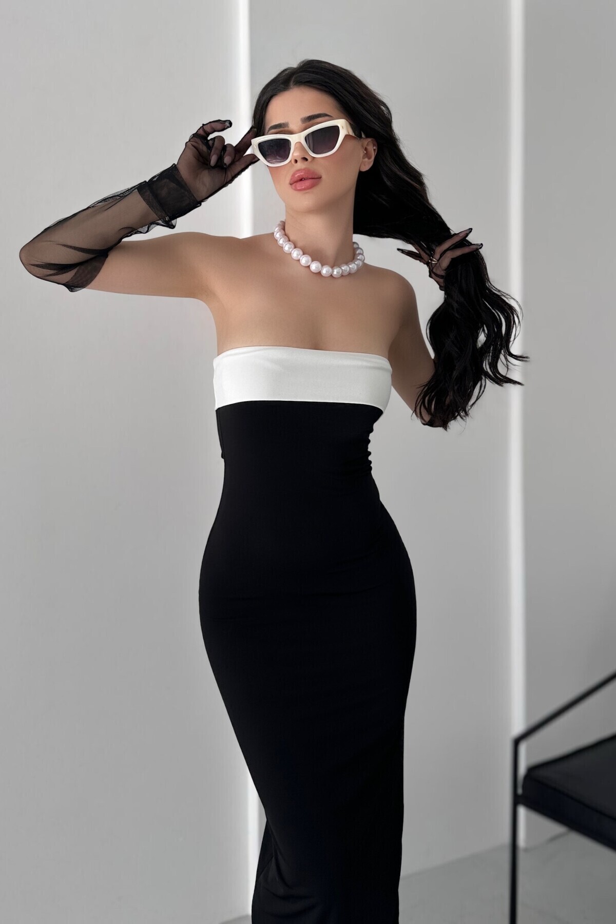 New Now Straplez Yaka Sandy Elbise - Esnek Kumaş Maxi Boy Davet Elbisesi görsel 3