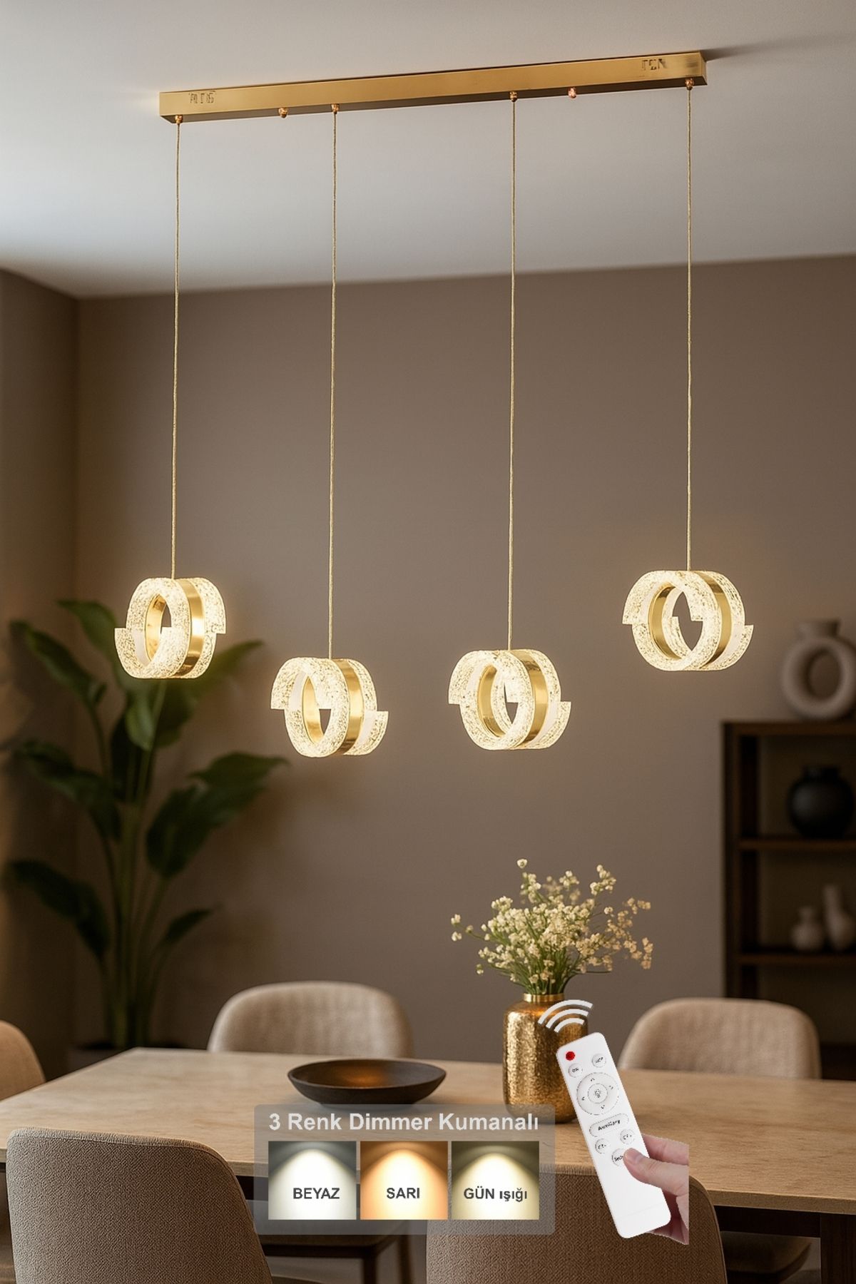 Avizemoda Savona 4 lü Yemek Masası Üstü Dim Kumandalı 3 Renk Ledli (Sarı-Beyaz-Gün Işığı) Akrilik Avize -Gold