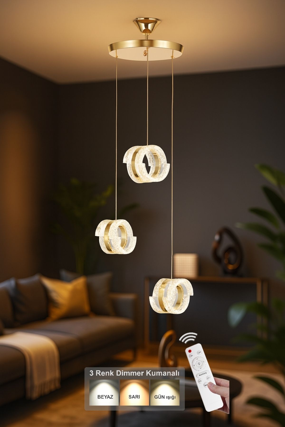Avizemoda Savona 3 lü Sarkıt Dimmer Kumandalı 3 Renk Ledli (Sarı-Beyaz-Gün Işığı) Modern Akrilik Avize -Gold