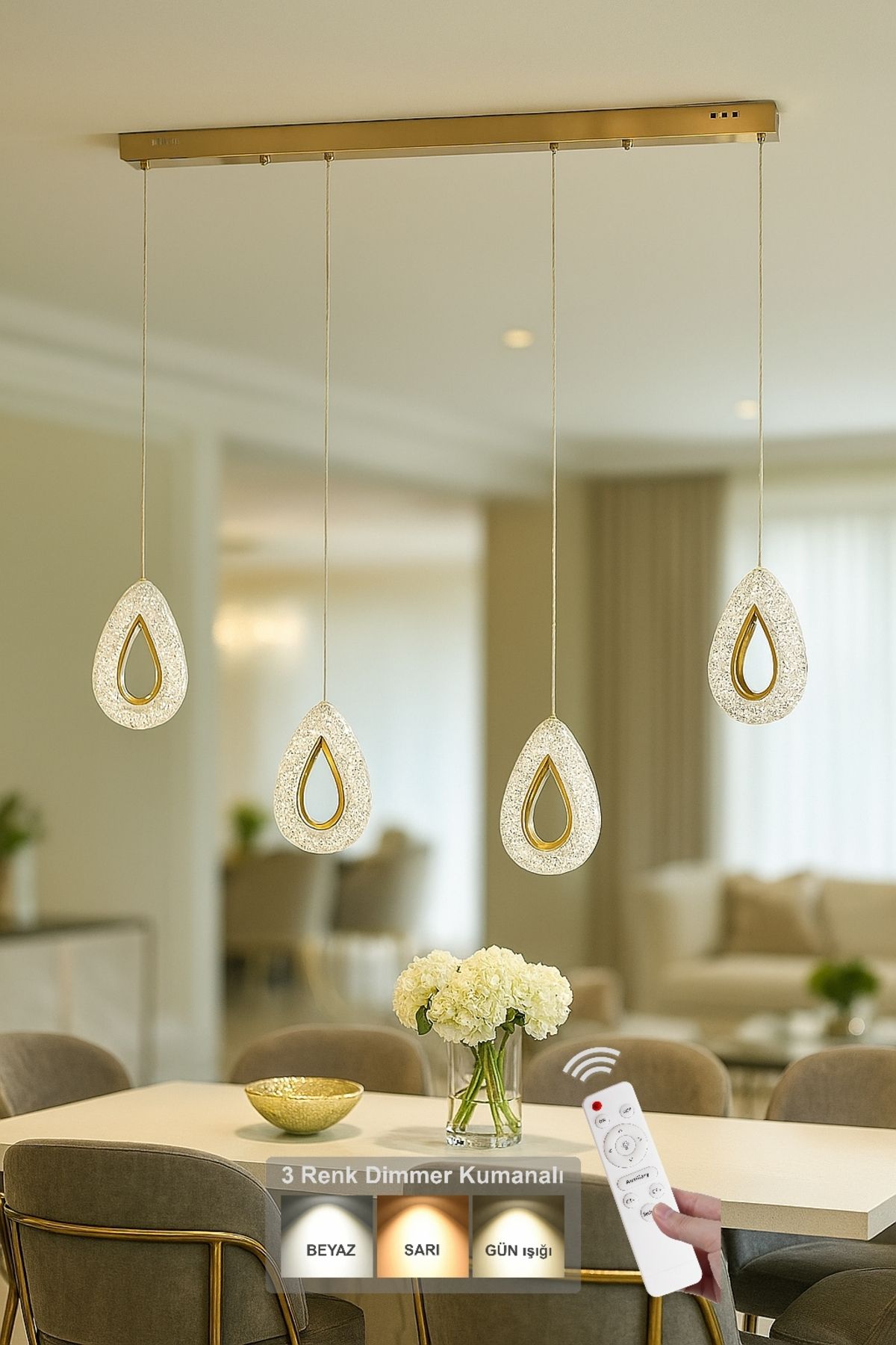 Avizemoda Dali 4'Lü Ledli Dim Kumandalı Modern Yemek Masası Üstü Avize (3 Renk Led; Sarı-Beyaz-Gün ışığı)-GOLD