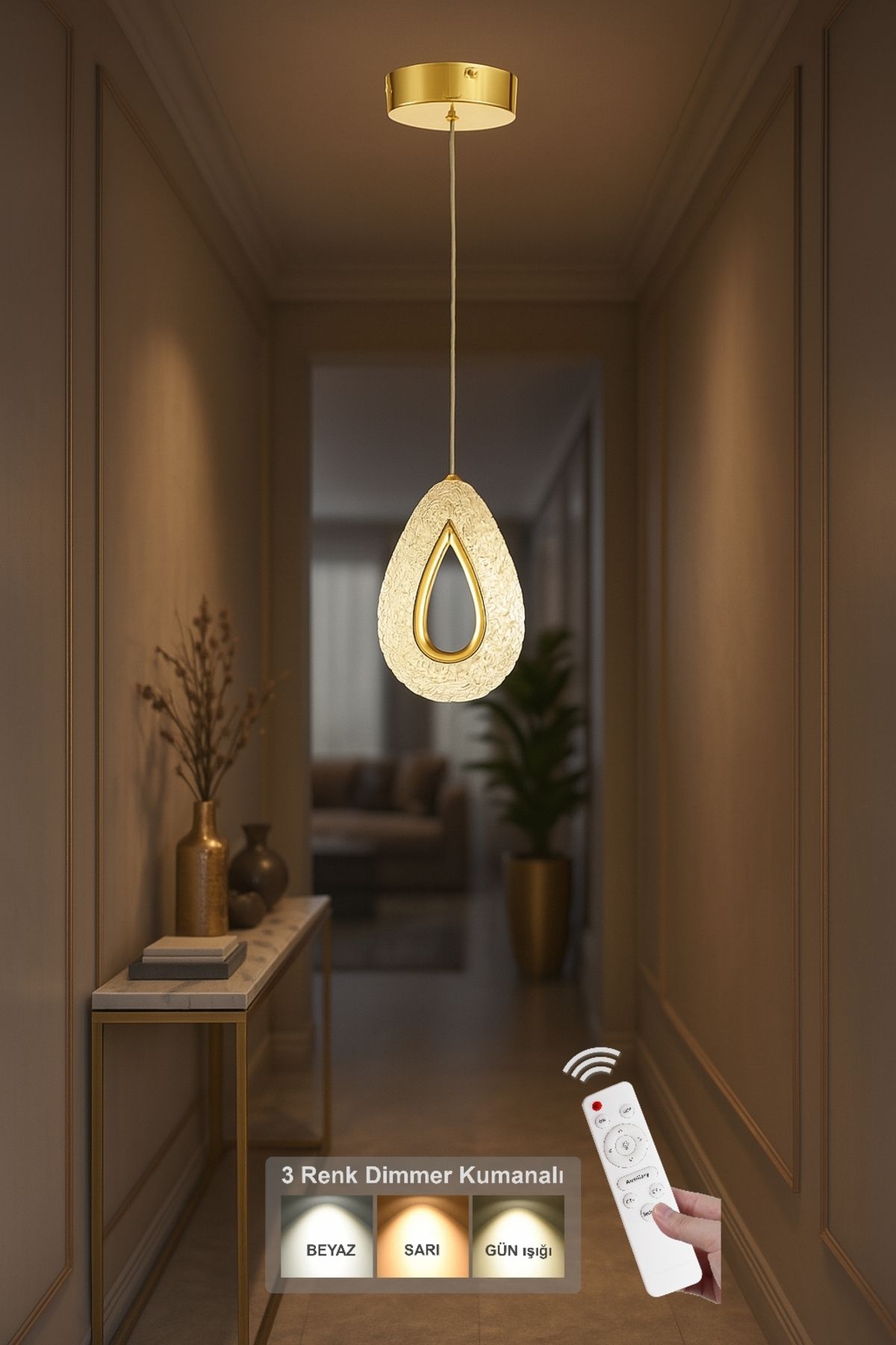 Avizemoda Dali Tekli Ledli Dimmer Kumandalı Modern Lüks Sarkıt Avize (3 Renk Led; Sarı-Beyaz-Gün ışığı) - GOLD
