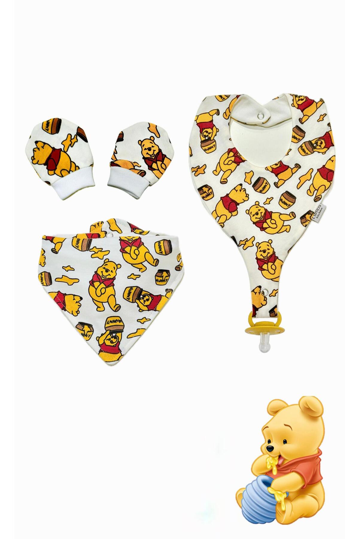 Lumos Trade Bebek Winnie the Pooh Desenli Fular Mama Önlüğü Eldiven ve Emzik Tutucu Önlük Set fotoğrafı 2 (önizleme)