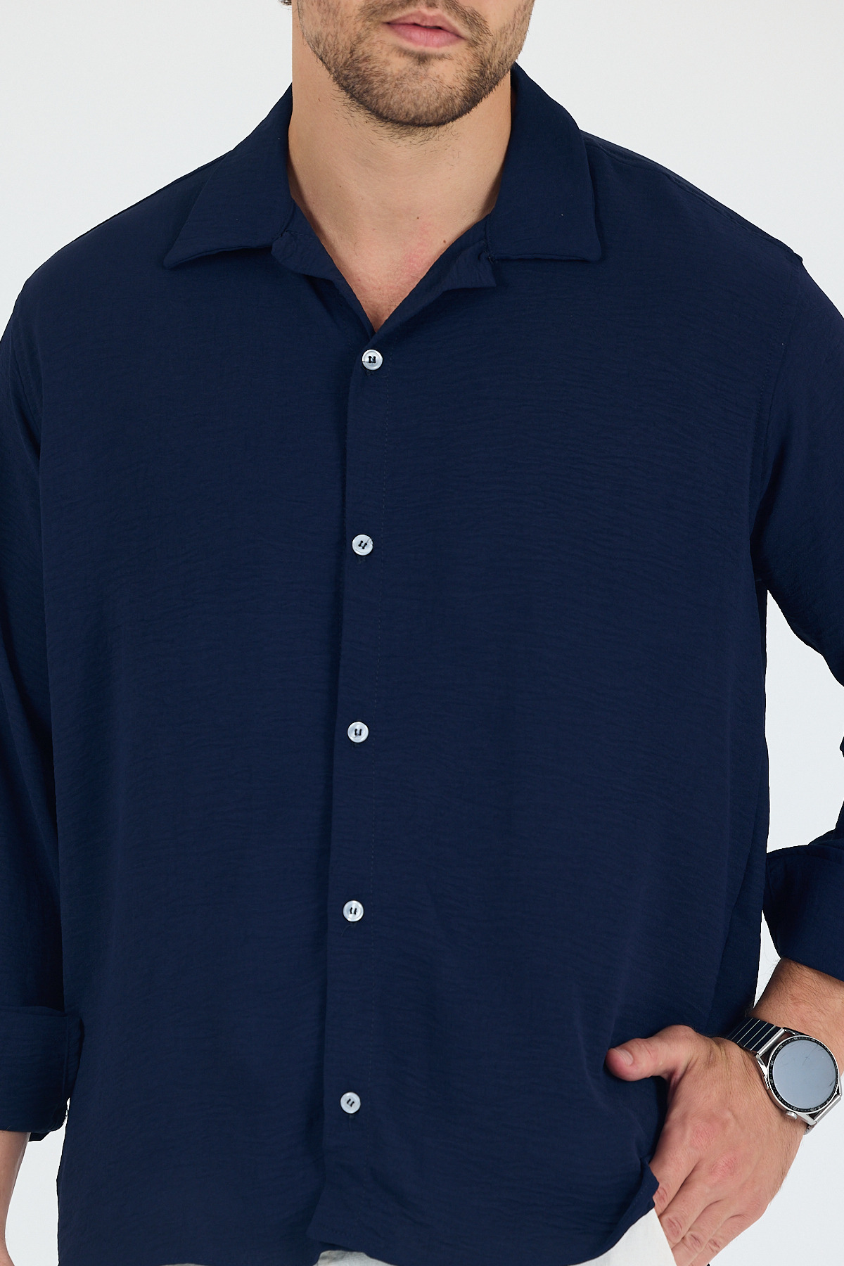 SKYMOOD  Keten Dokulu Oversize Erkek Gömlek Lacivert Uzun Kollu - Görsel 8