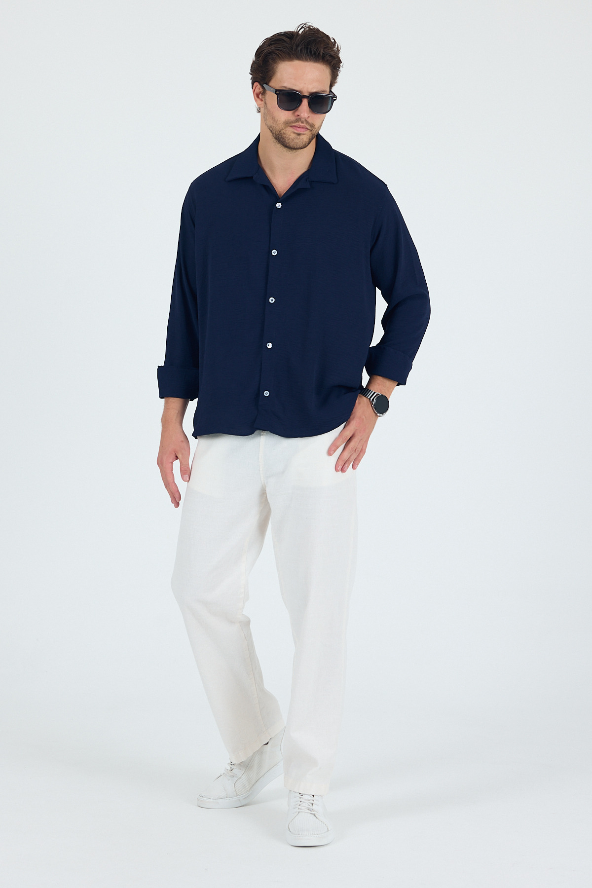 SKYMOOD  Keten Dokulu Oversize Erkek Gömlek Lacivert Uzun Kollu - Görsel 4
