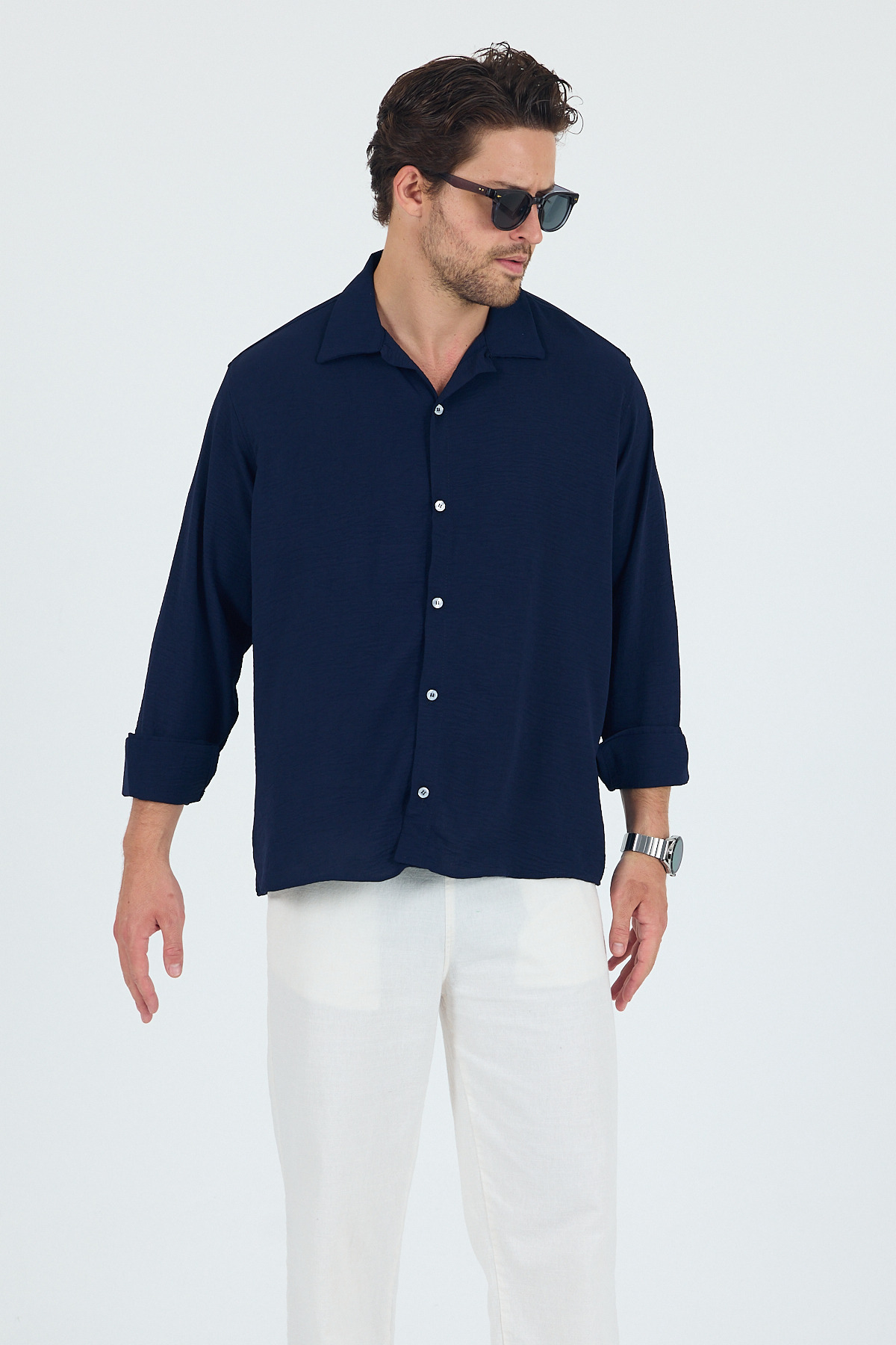 SKYMOOD  Keten Dokulu Oversize Erkek Gömlek Lacivert Uzun Kollu - Görsel 3