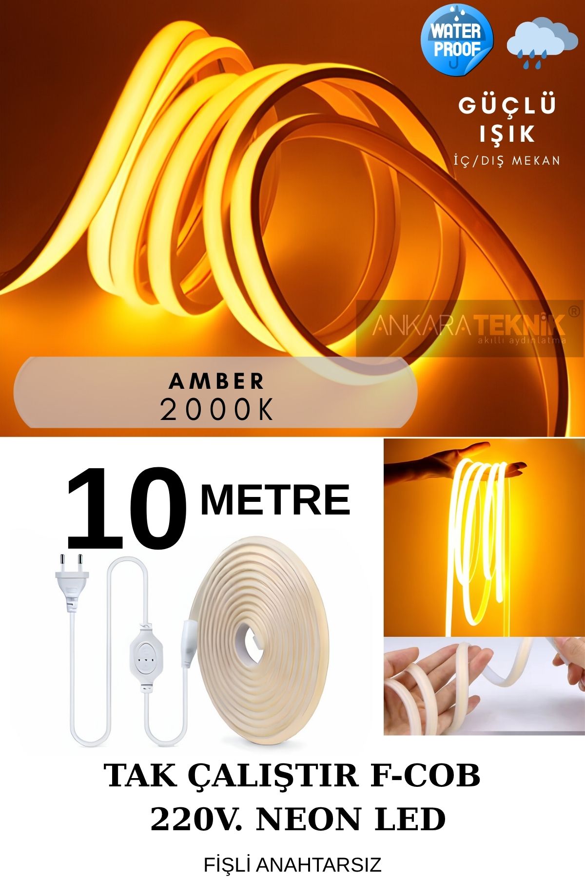 ankarateknik 220 Volt Cob Neon Led Amber (2000K) | F-cob Led | Yüksek Lümen | Dış-iç Mekan | 10 Metre