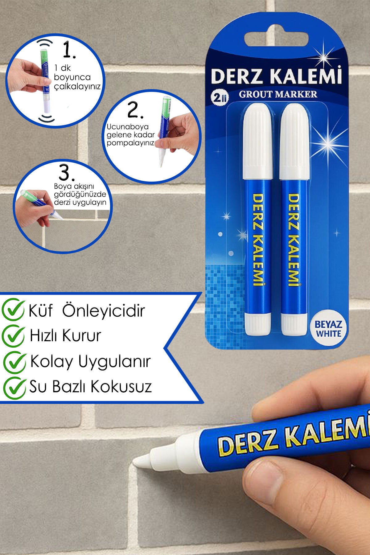 GLASWEN Fayans Derz Kalemi Hızlı Kuruyan Su Bazlı Kokusuz Kalıcı Fayans Yenileme Kalemi Beyaz 2'li Set