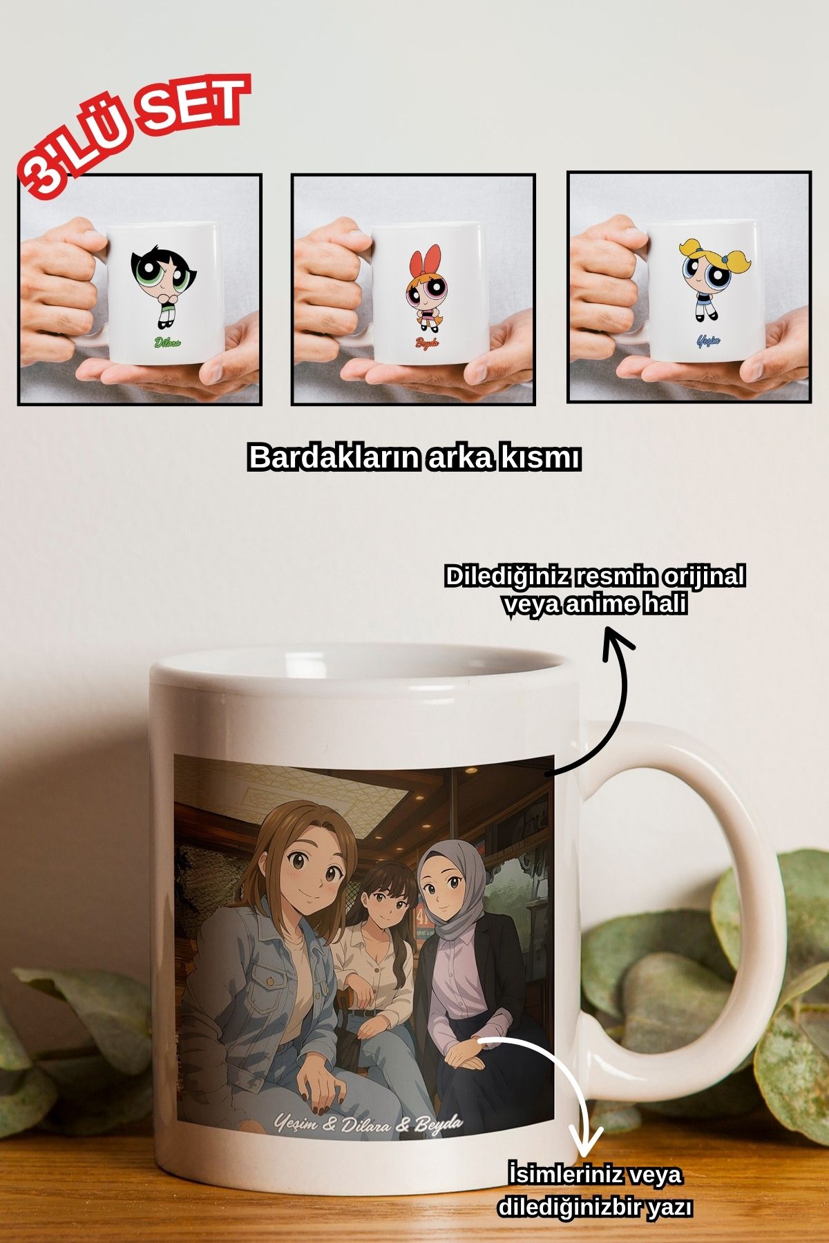 gavebutik Kişiye Özel 3'lü Powerpuff Girls Baskılı Hediyelik Seramik Kupa Bardak Makinede Yıkanabilir