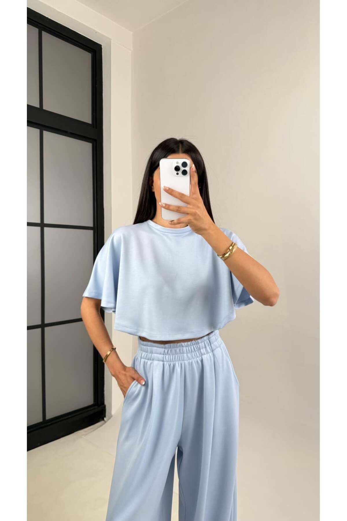 manana fashion MODAL KUMAŞ CROP TSHİRT PALAZZO PANTOLON EŞOFMAN TAKIMI