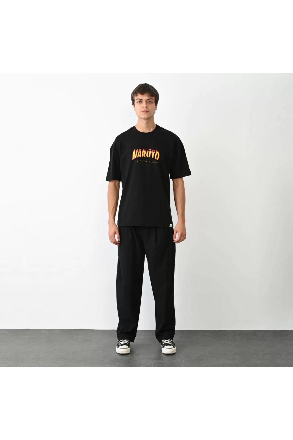 FantaziAtölyesi Unisex Bisiklet Yaka Baskılı Oversize T-Shirt - Siyah