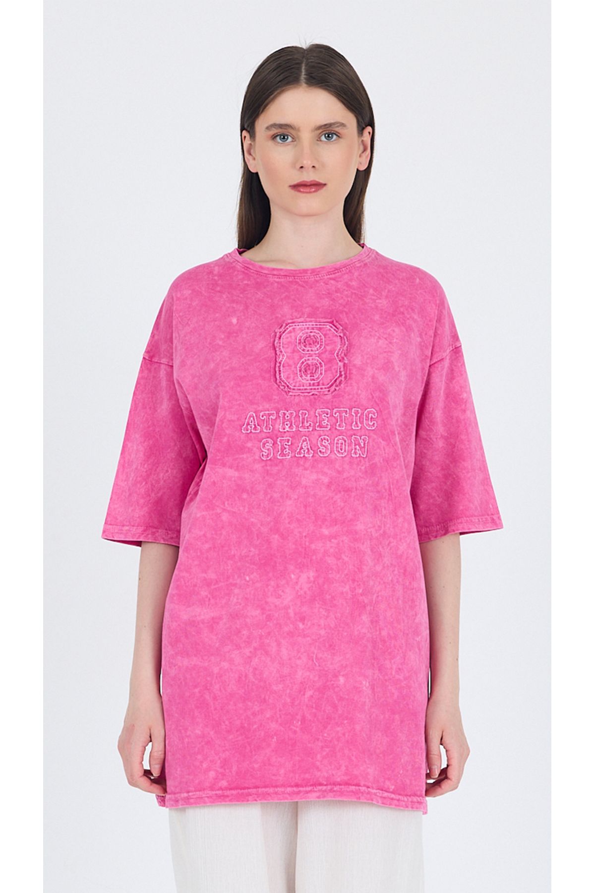 Rays Fuşya Yazı Nakışlı Oversize Tişört 253017