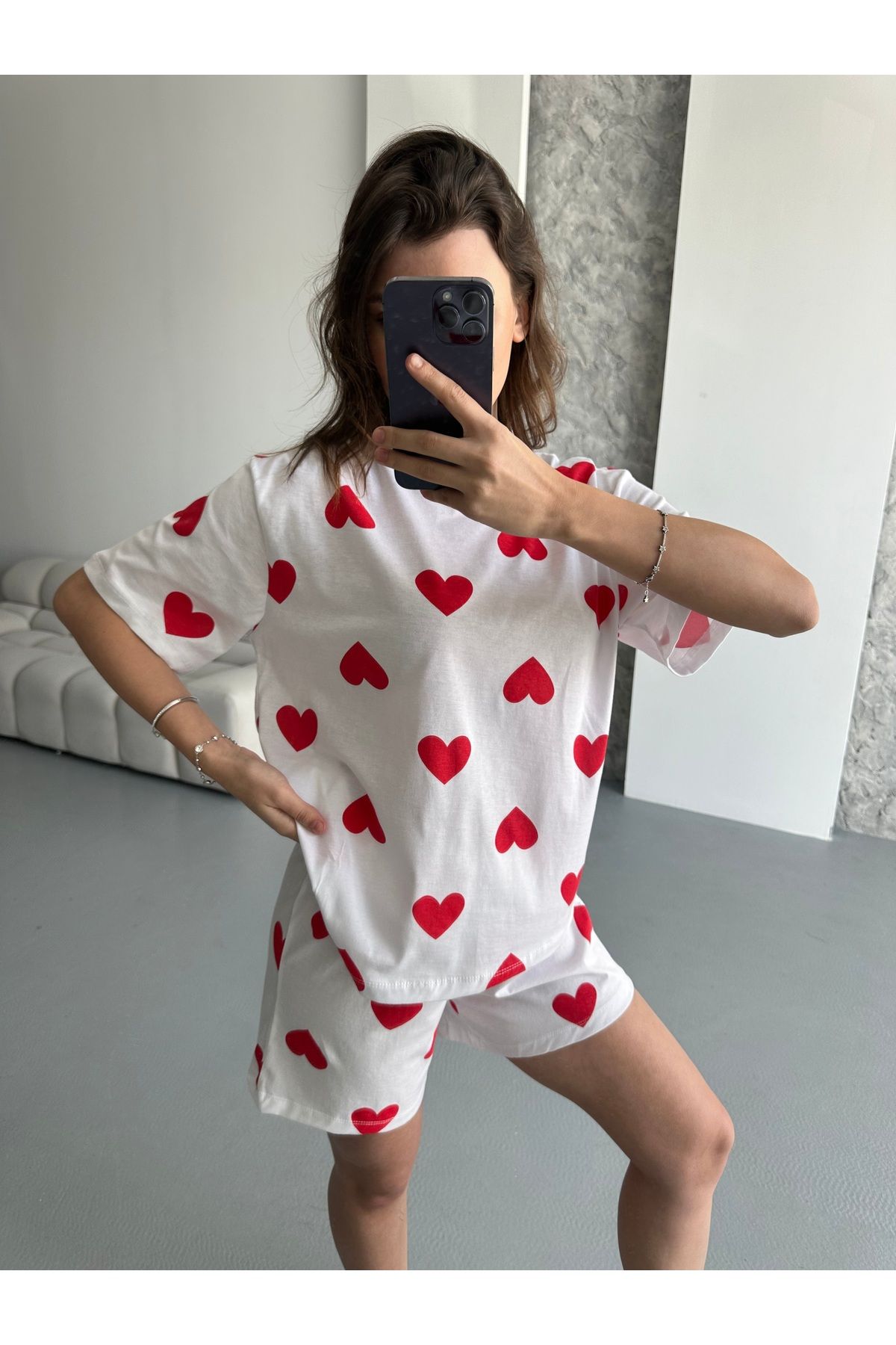 LETS BASIC Organik Pamuklu Kalpli Baskılı Kısa Kollu Şortlu Kadın Pijama Takımı