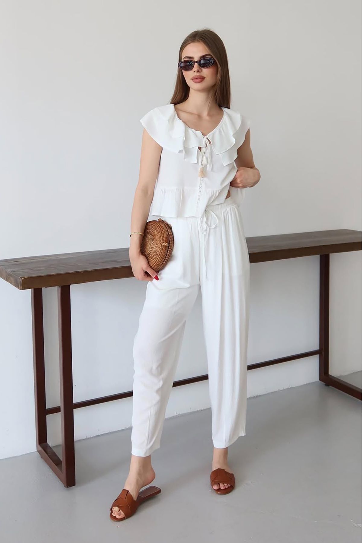 Neşeli Butik kadın fırfırlı gofre kumaş ikili takım NBNP012