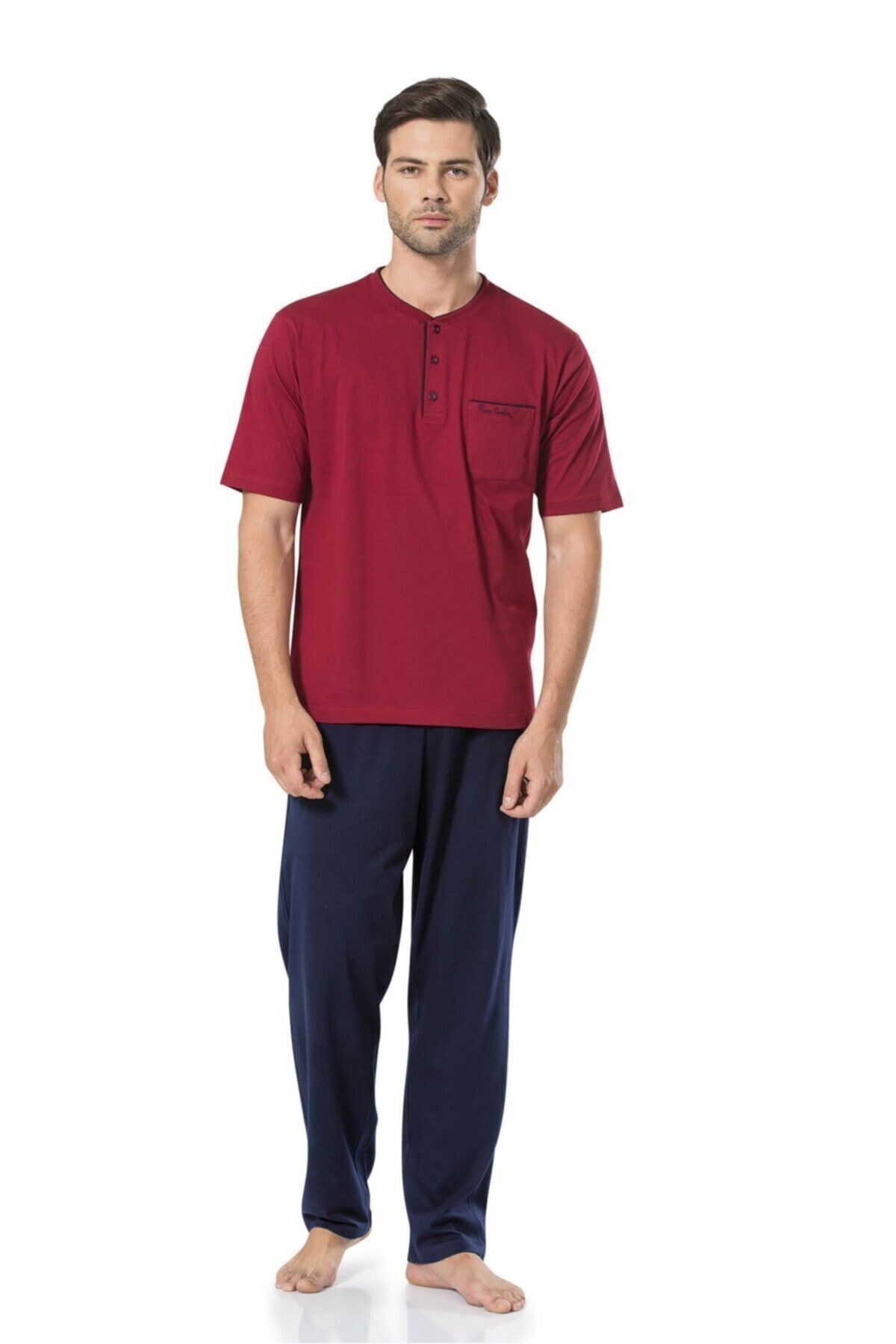 Pierre Cardin %100 Pamuk Erkek Kısakollu Şortlu Bordo 3'lü Penye Pijama Takımı