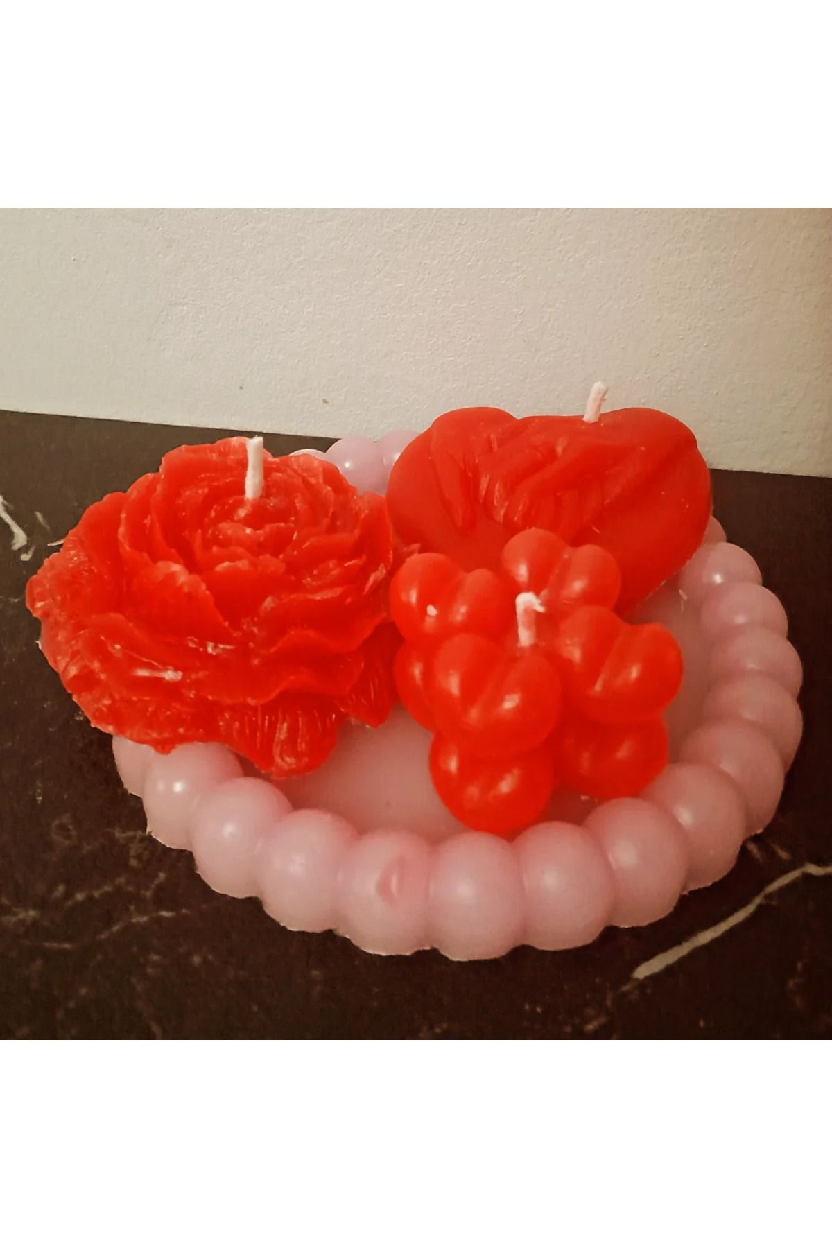 Elioure Kırmızı Renkli Şık Ev Dekoratif Mum ve Kandil Seti