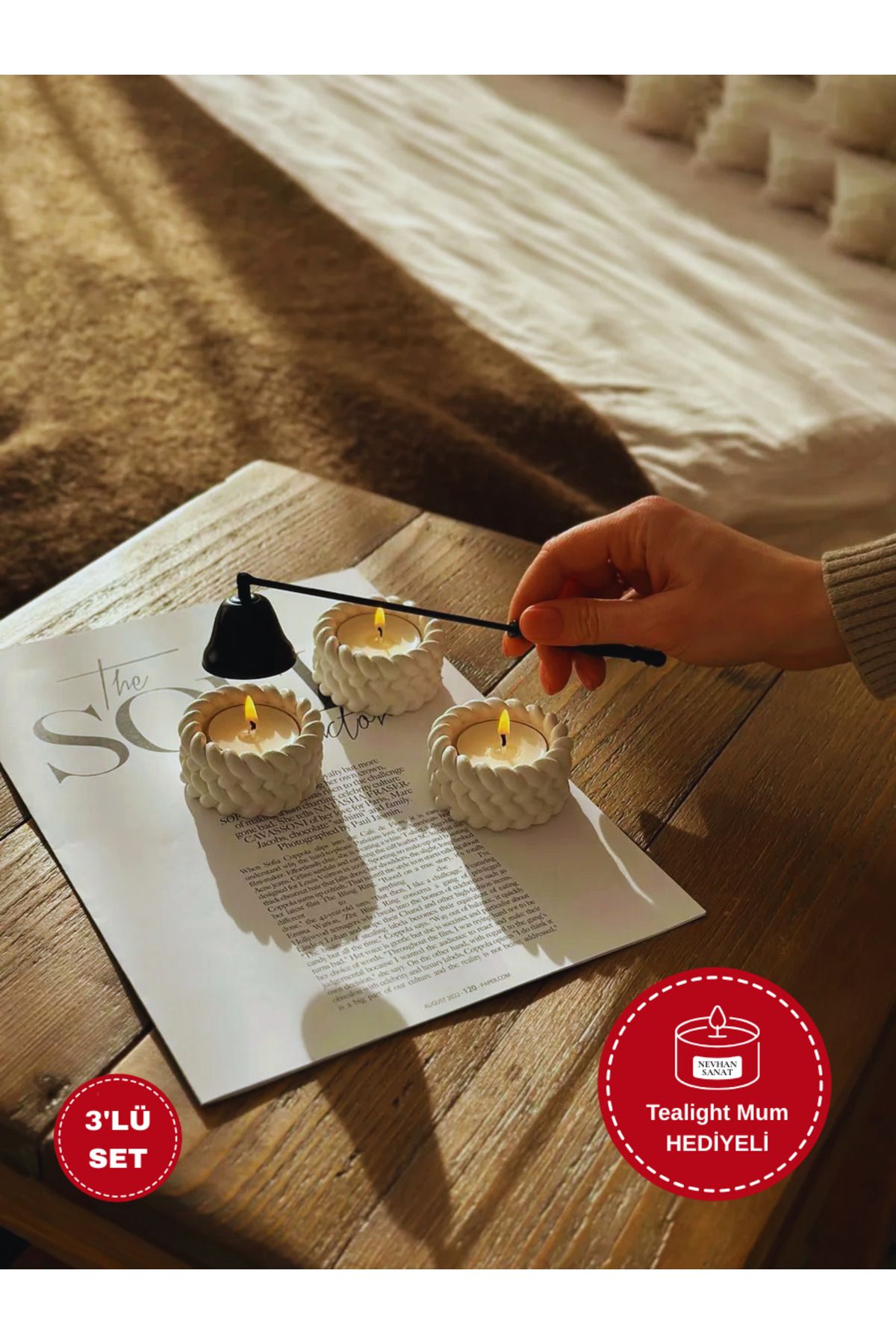 Elioure El Yapımı Örgü Desenli Beton Mumluk Seti + Tealight Mum Hediye