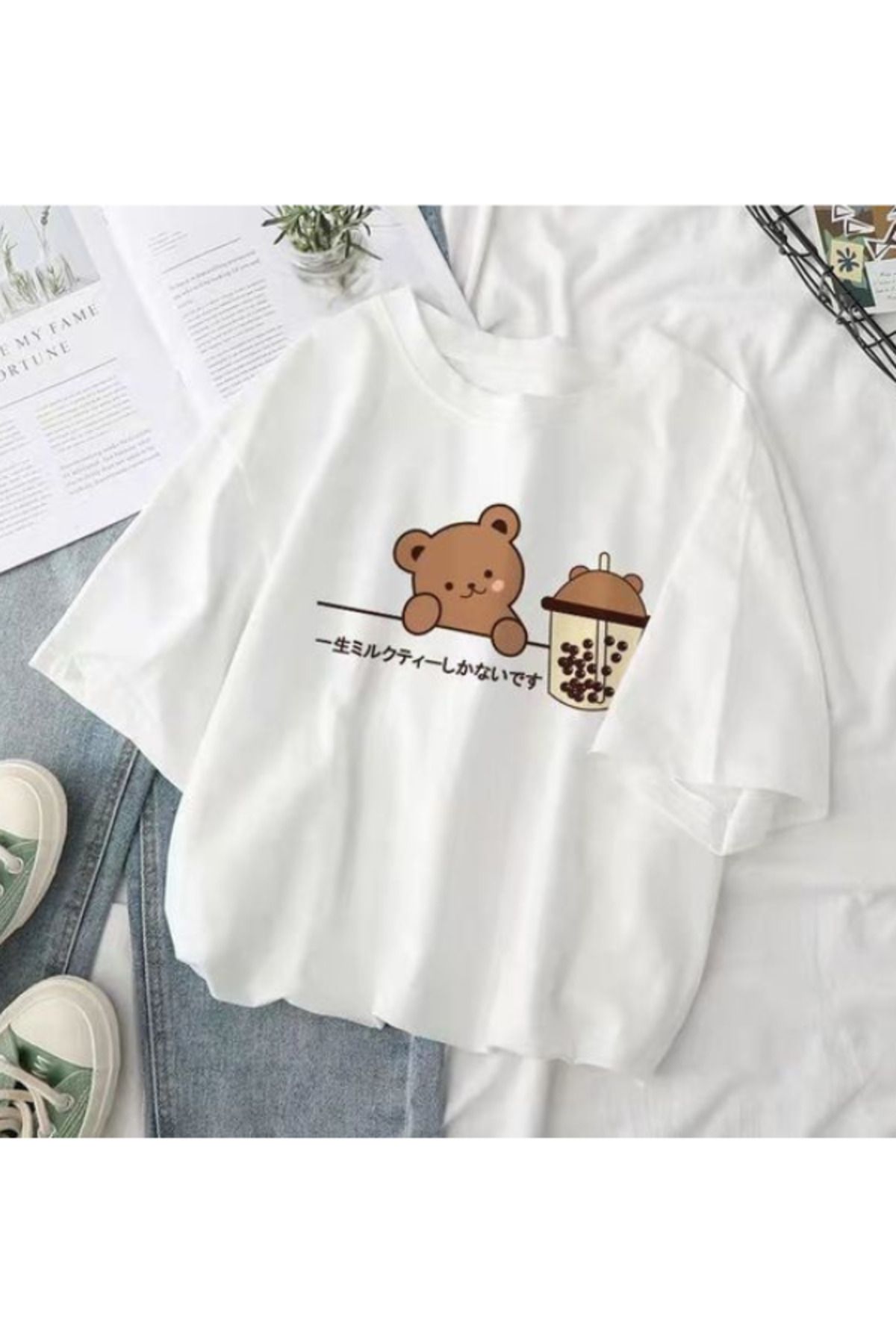 LAYORA Tatlı Ayıcık ve Bubble Tea Desenli Oversize Kadın Tişört