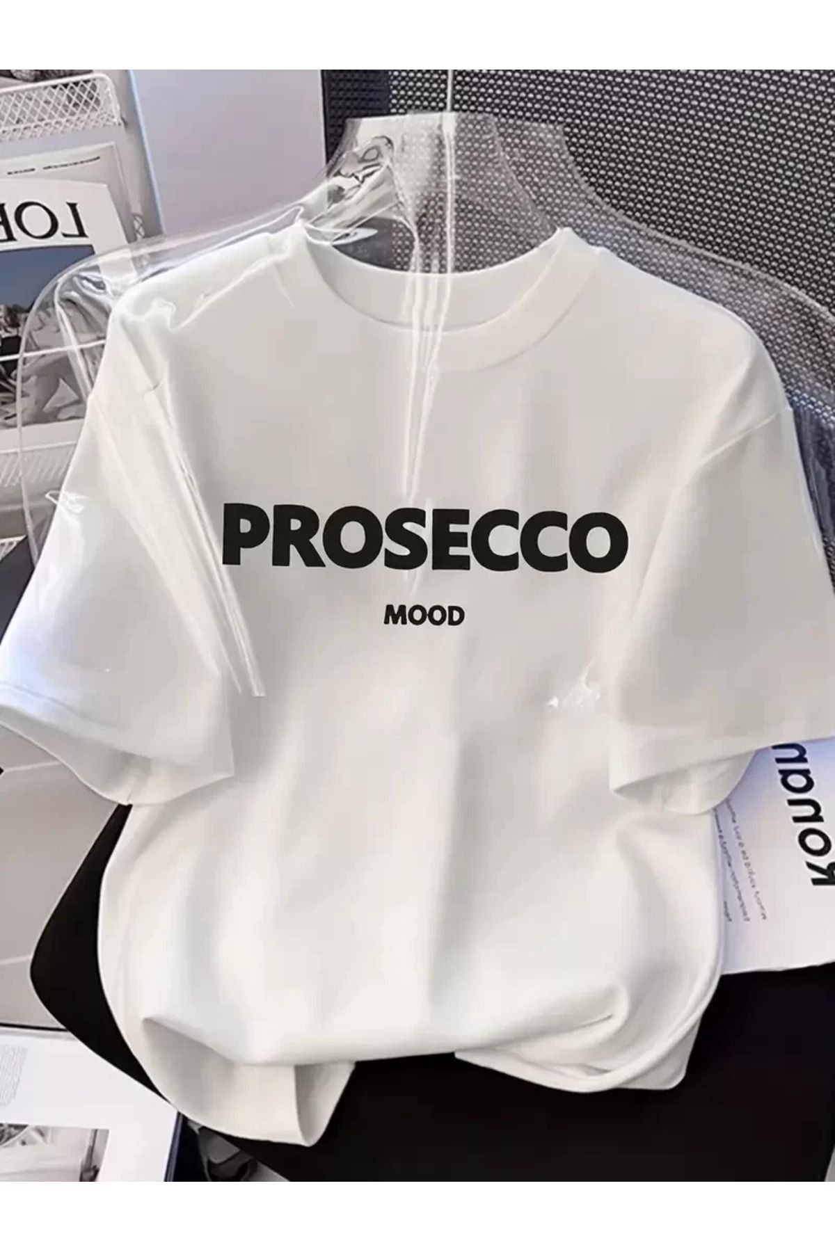 FantaziAtölyesi 20/1 Penye Compack Baskılı Oversize Kısa Kol Bisiklet Yaka T-shirt - Beyaz