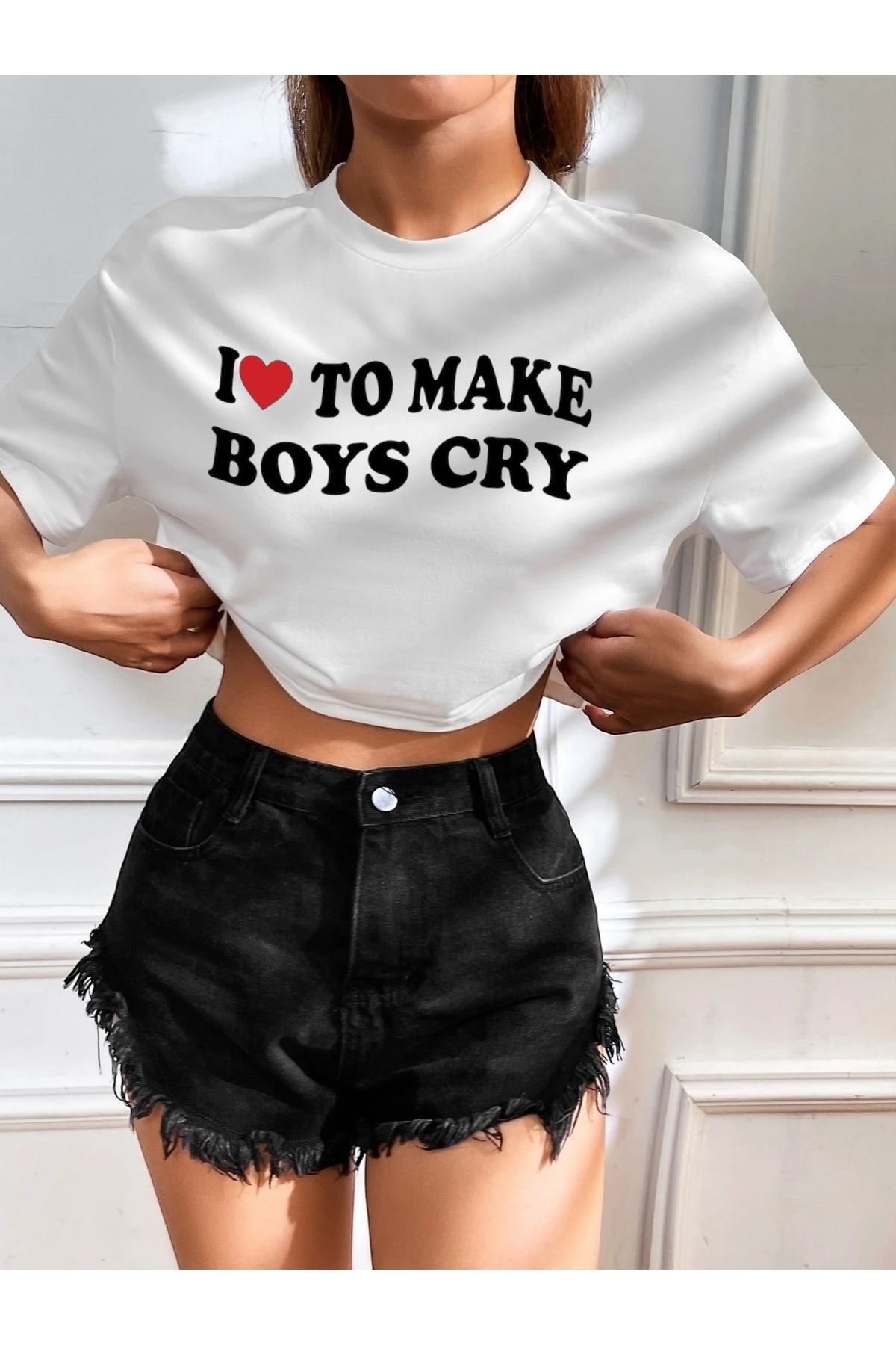 SOHR Kadın Oversize Crop I Love To Make Boys Cry Tasarım T-shirt