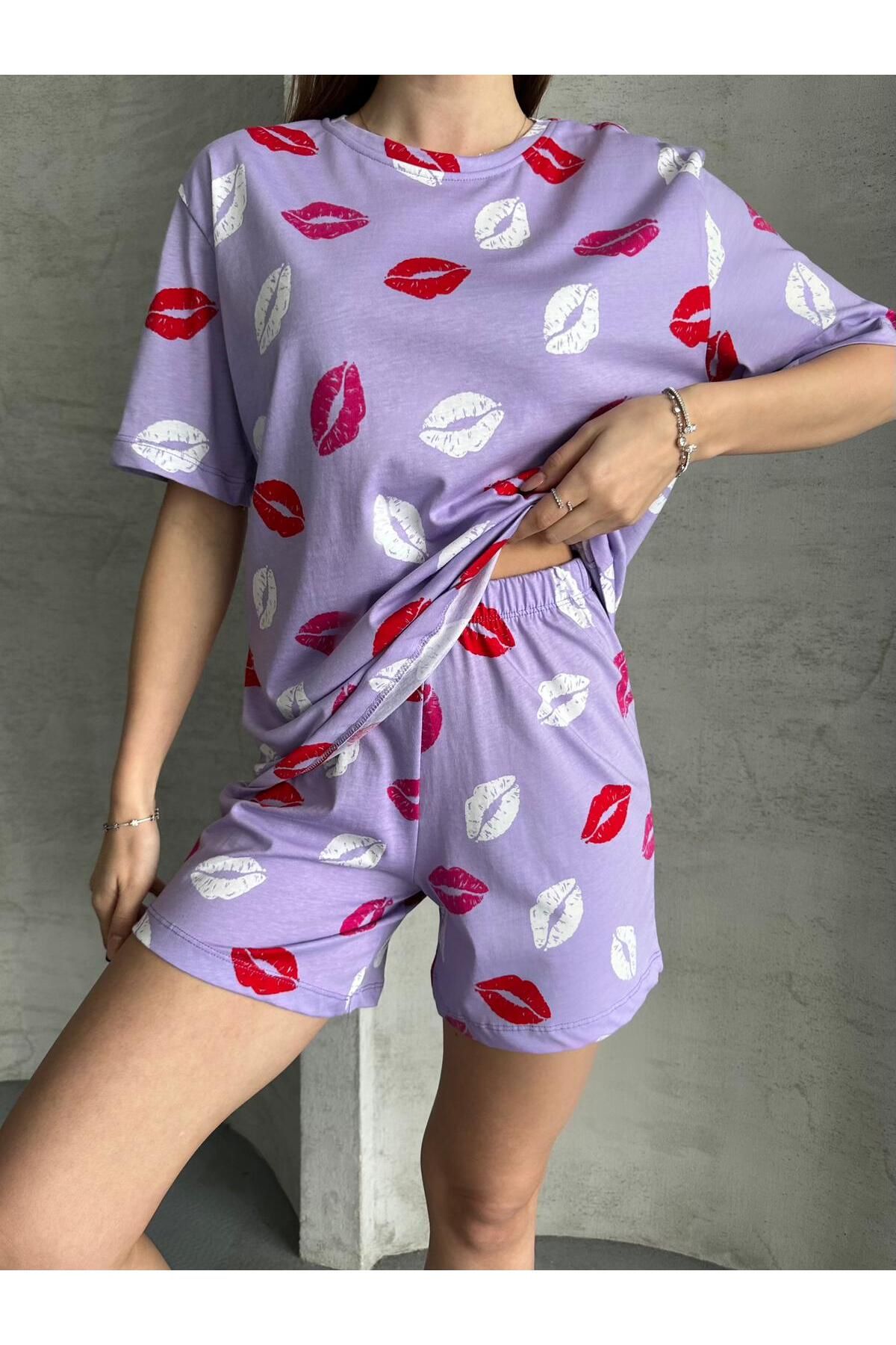 LETS BASIC Organik Pamuklu Dudak Baskılı Kısa Kollu Şortlu Kadın Pijama Takımı