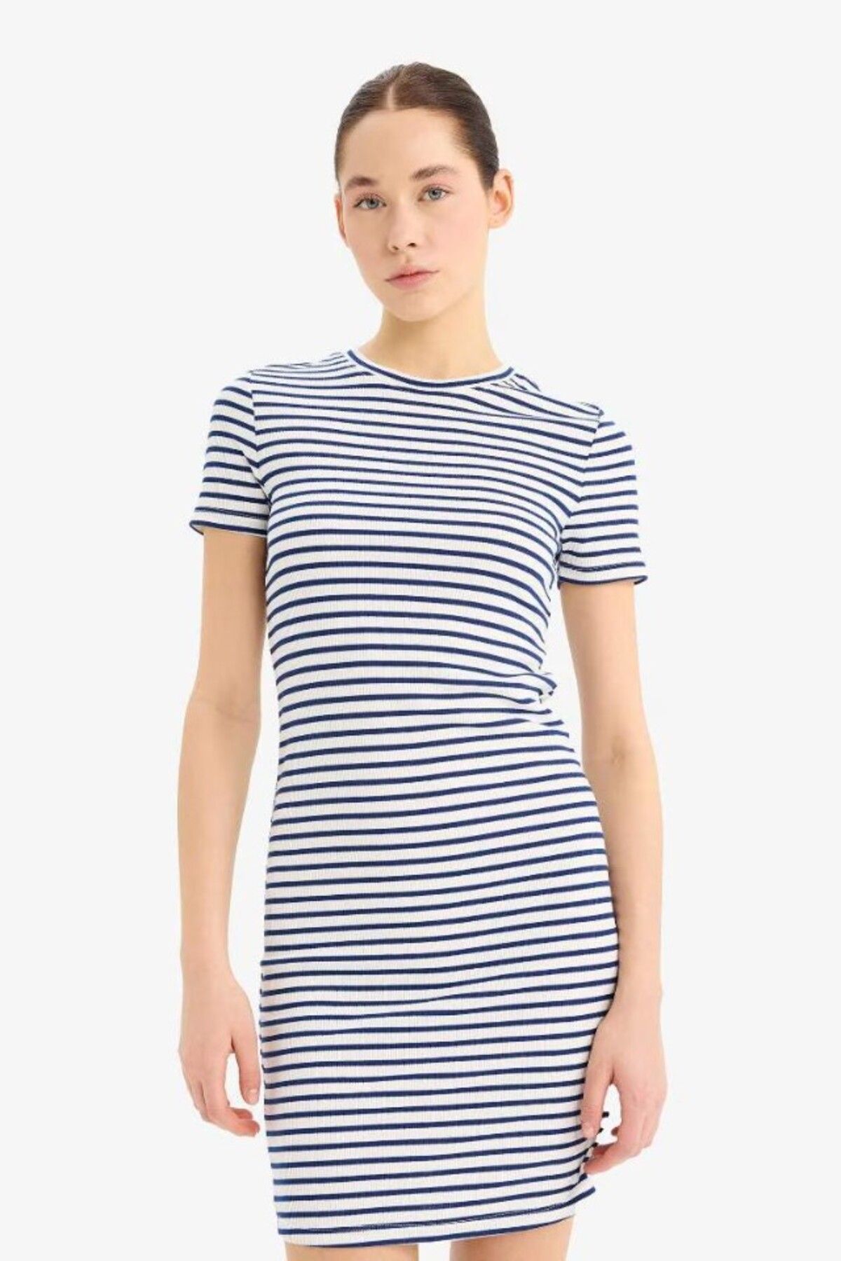 DeFacto Mini Elbise Bodycon Vücudu Saran Fitilli Kaşkorse Bisiklet Yaka Çizgili Kısa Kollu