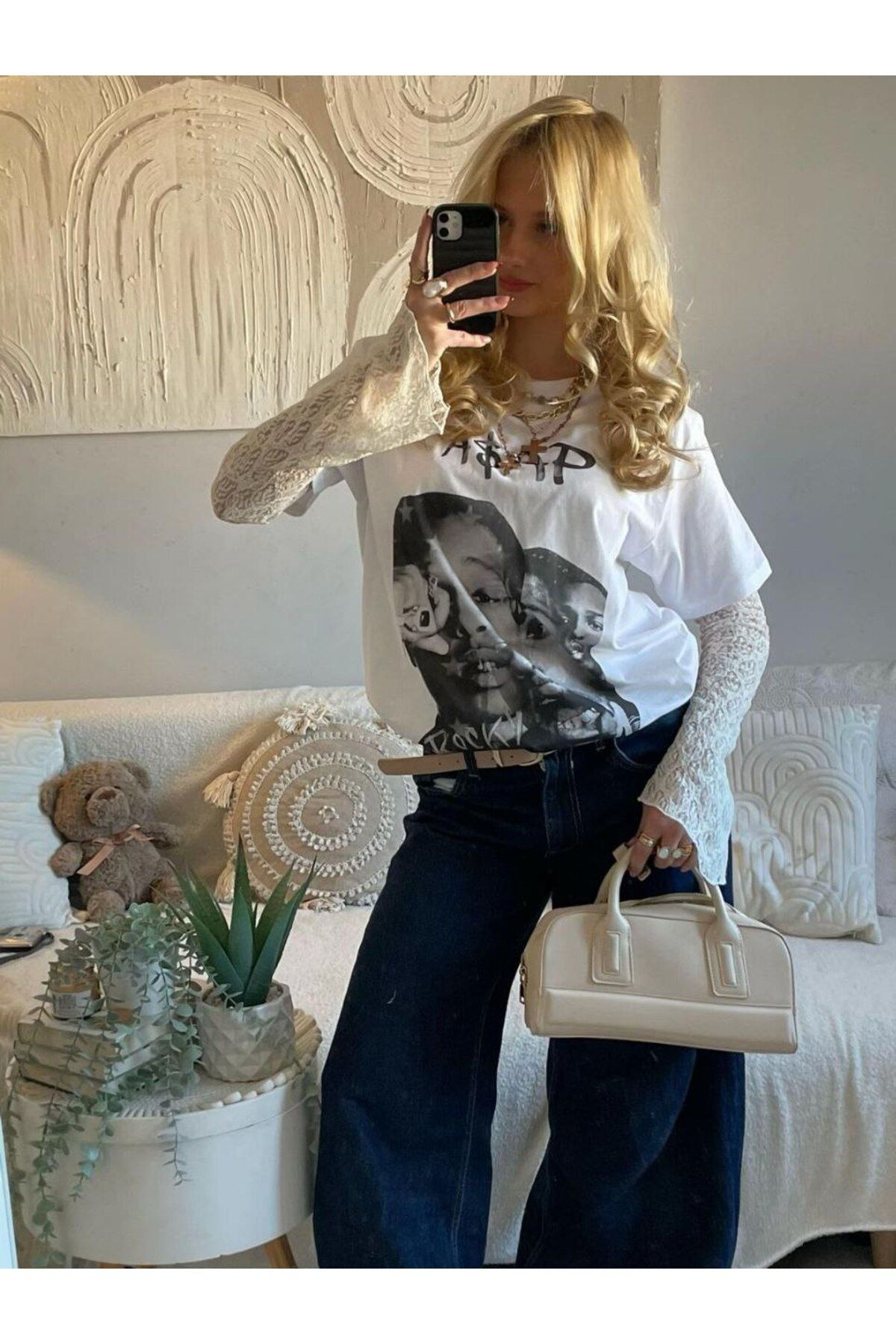 Butik Asap Rocky Baskılı Pamuklu Kumaş Bisiklet Yaka Oversize T-Shirt