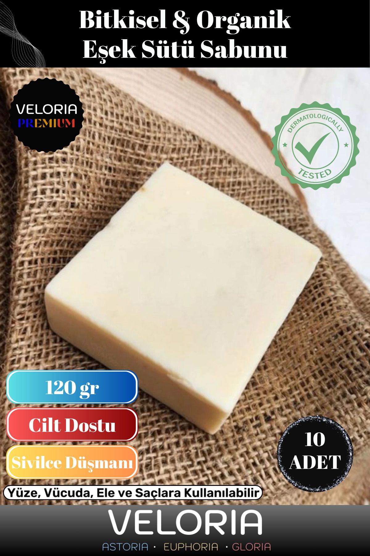 Veloria Premium Seri %100 Doğal Organik Yüz Saç Vücut Cilt Dengeleyici Güzel Kokulu Eşek Sütü Sabunu 10 Adet