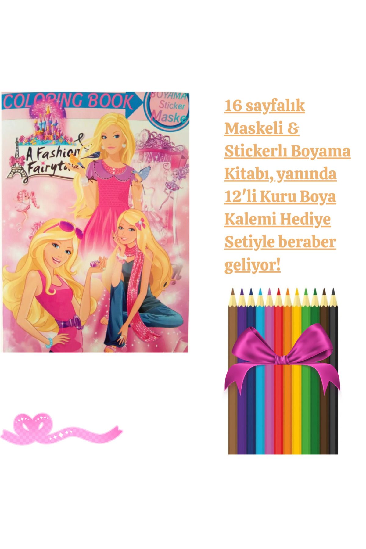 booddie Barbi Boyama Kitabı Stickerlı (arka Kapak Kesilerek Maskeli ) 12'li Keçeli Boya Seti