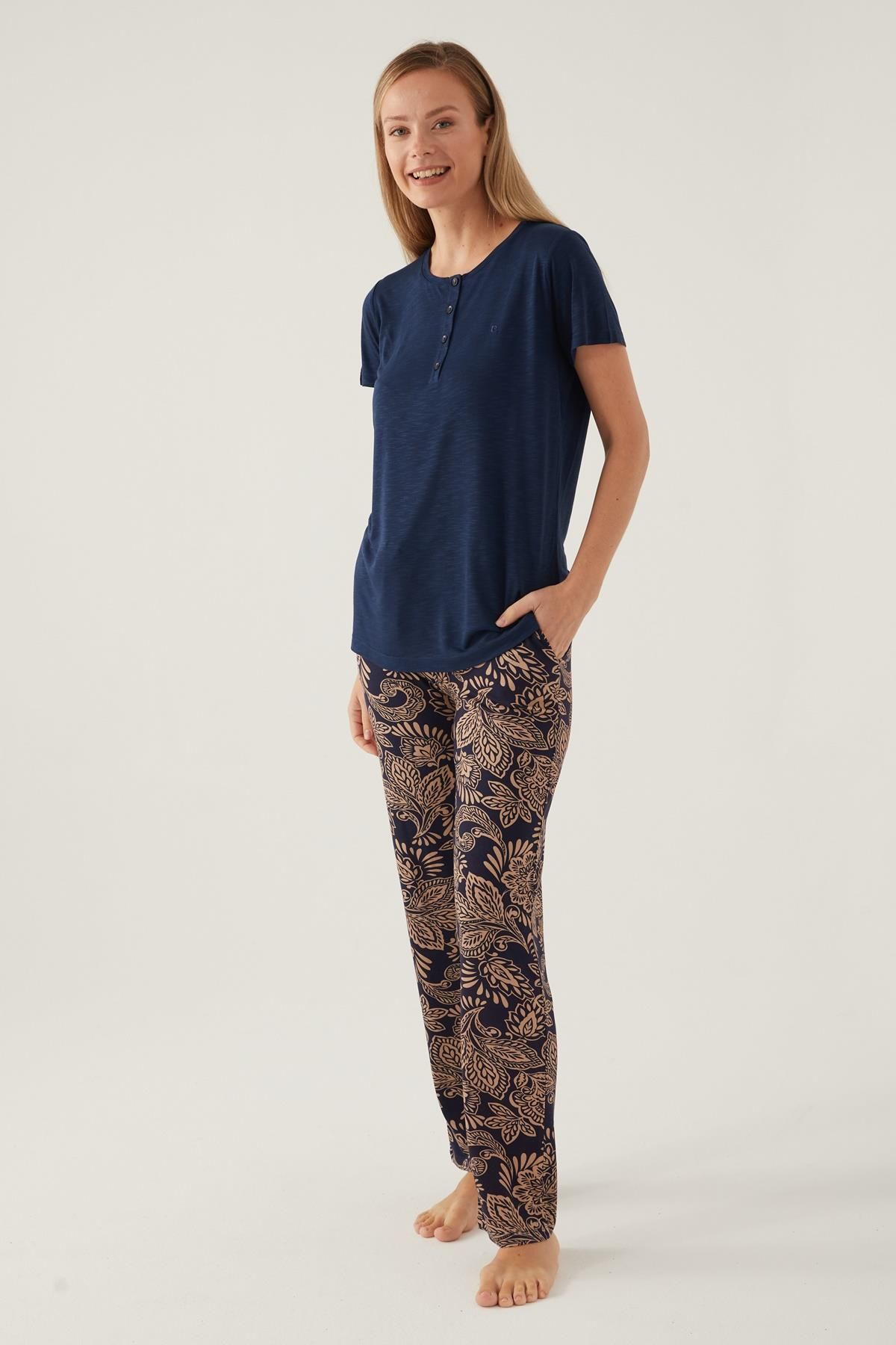 Pierre Cardin Lisanslı, Kadın, Yazlık Pijama Takım, Cep Detaylı, Büyük Beden Seçenekli