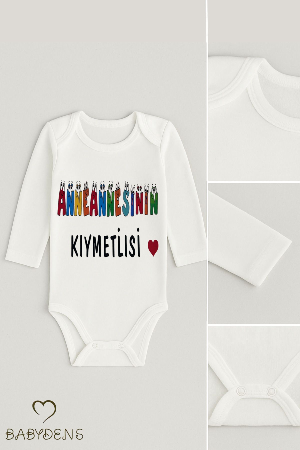 BABYDEN'S “Anneannesinin Kıymetlisi” Yazılı Uzun Kollu Bebek Body %100 Pamuk Çıtçıtlı Zıbın 0-24 Ay Hediyelik